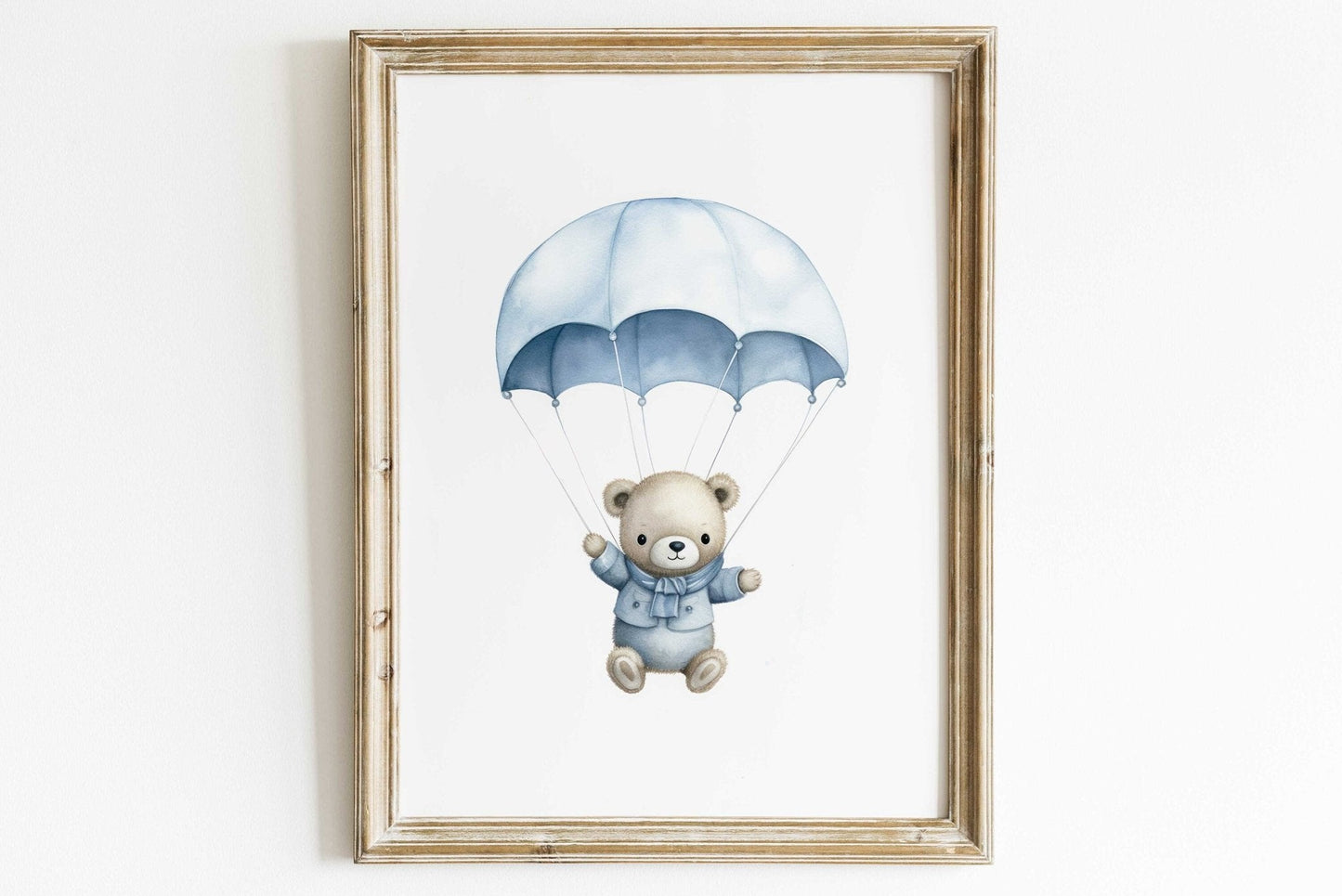 Bear in Parachute Nursery Print, Blue Hot Air Balloon Decor, Baby Gift - WildfieldPrints