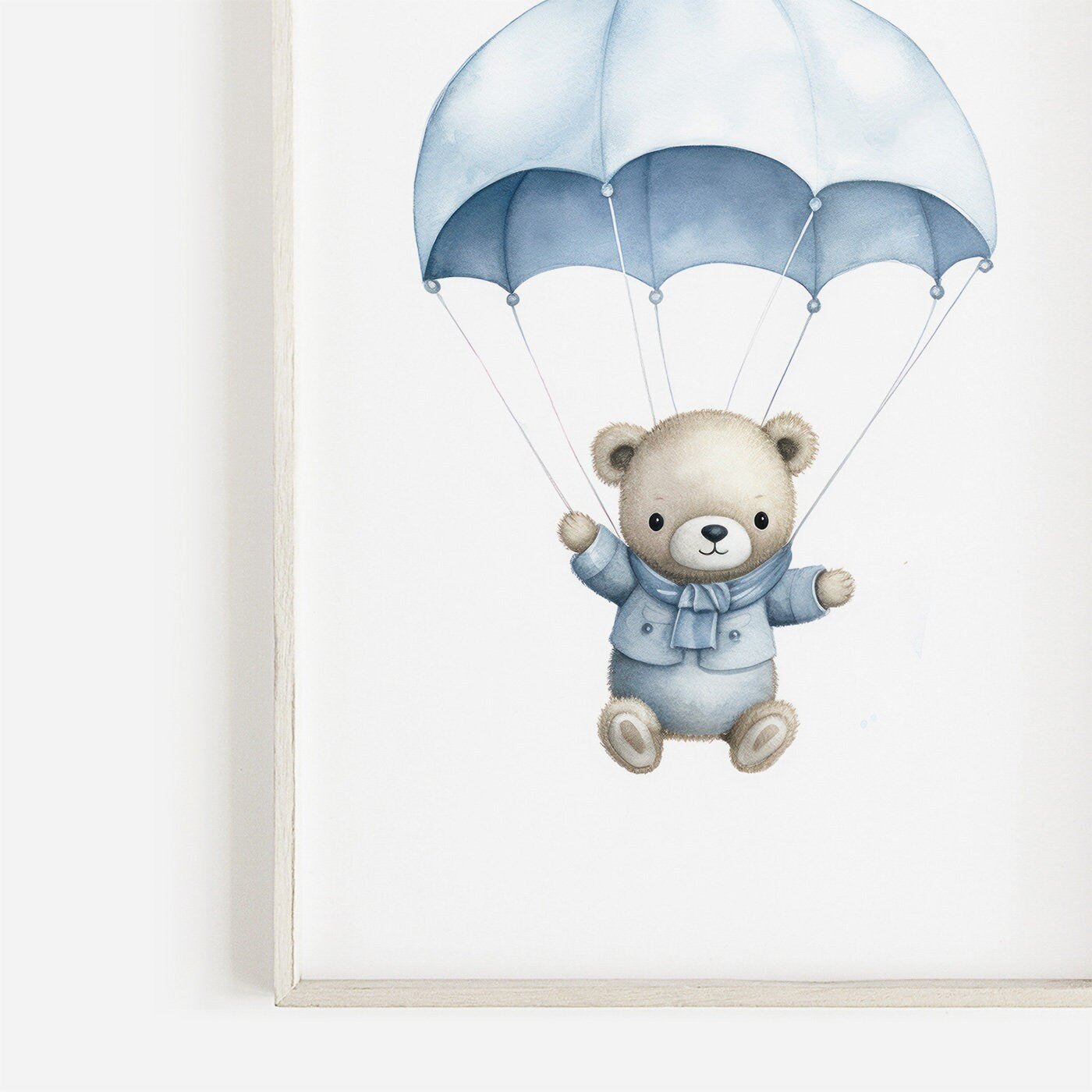 Bear in Parachute Nursery Print, Blue Hot Air Balloon Decor, Baby Gift - WildfieldPrints