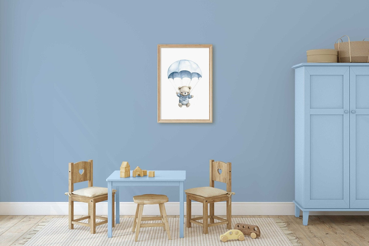 Bear in Parachute Nursery Print, Blue Hot Air Balloon Decor, Baby Gift - WildfieldPrints
