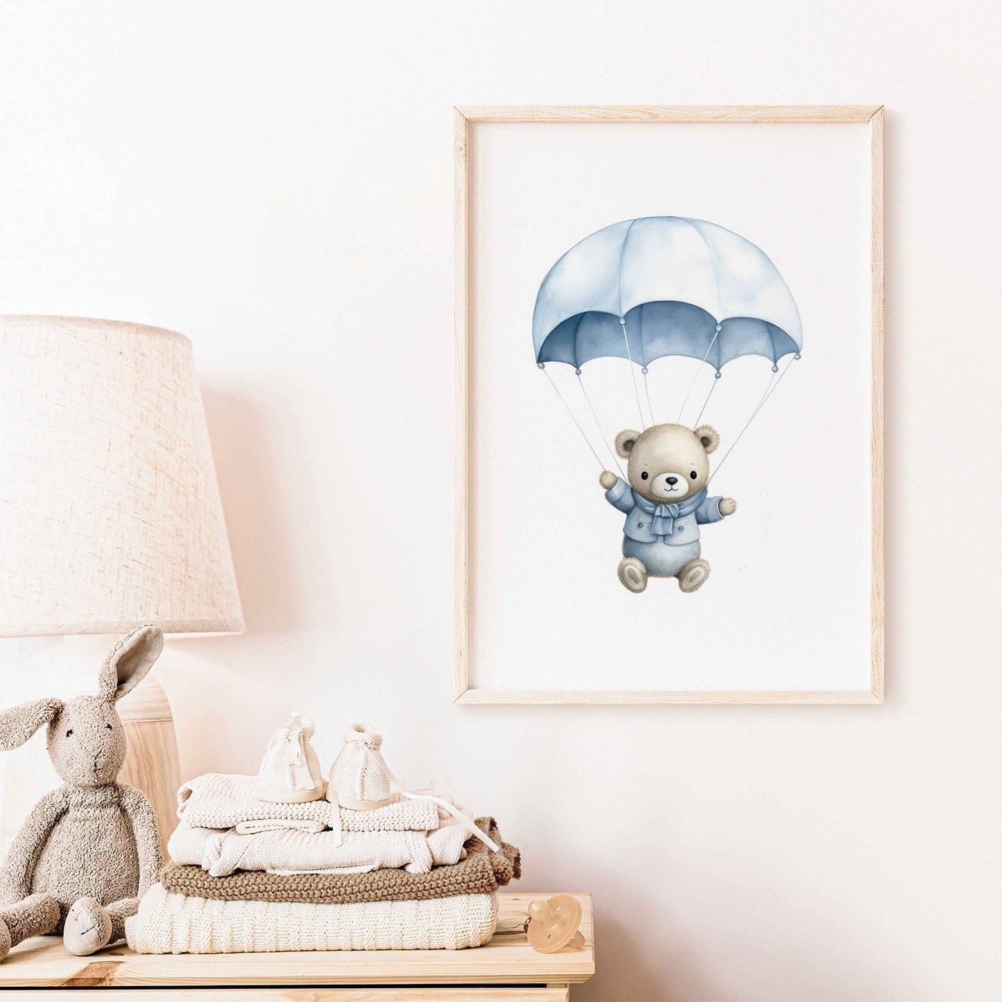 Bear in Parachute Nursery Print, Blue Hot Air Balloon Decor, Baby Gift - WildfieldPrints