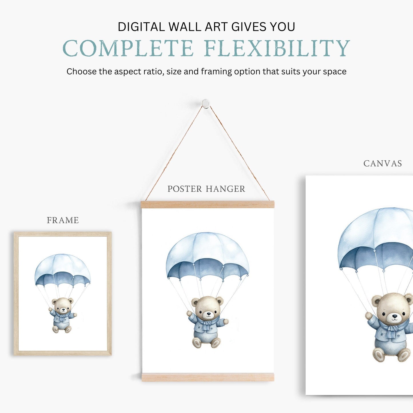 Bear in Parachute Nursery Print, Blue Hot Air Balloon Decor, Baby Gift - WildfieldPrints