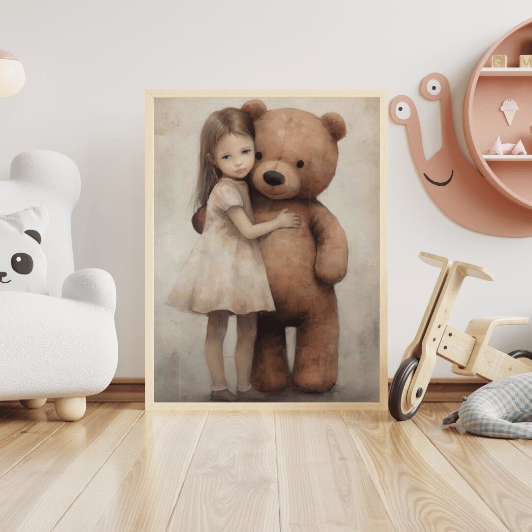 Bear Nursery Decor, Teddy Bear & Little Girl, Vintage Kids Room Art - WildfieldPrints