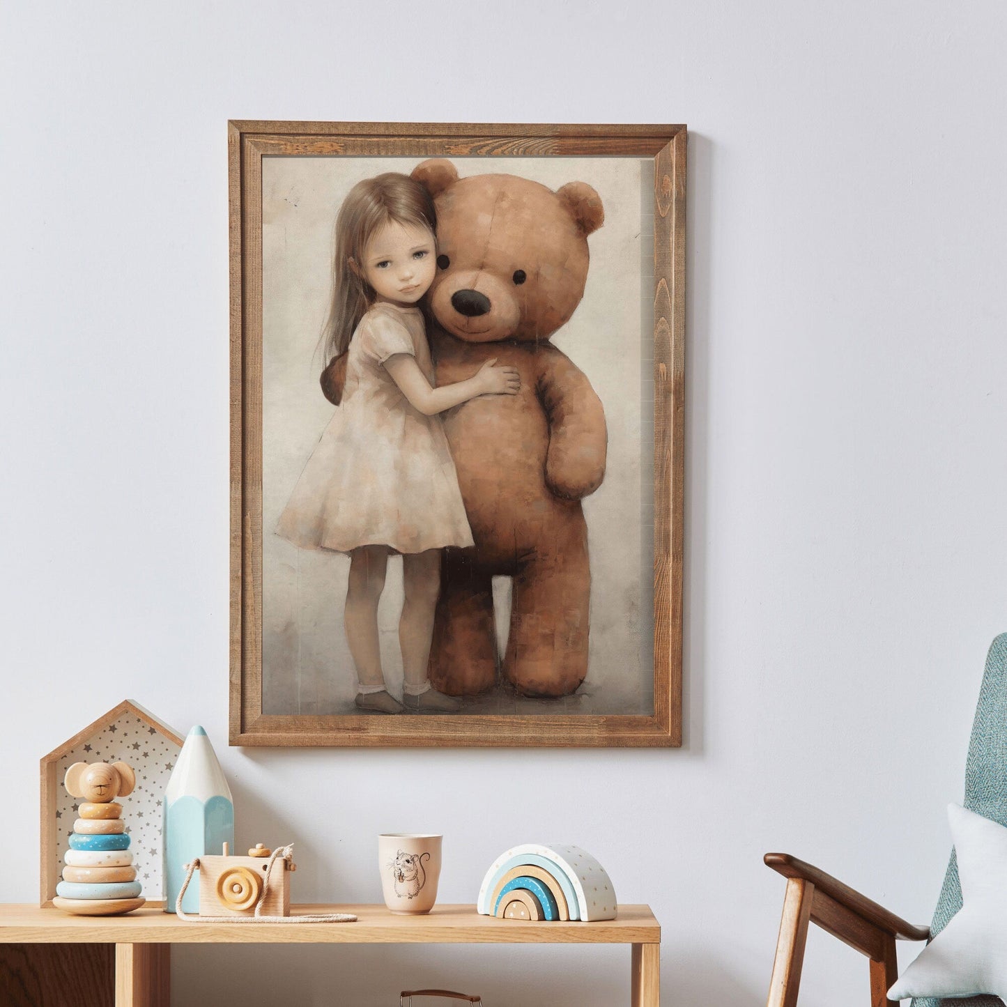 Bear Nursery Decor, Teddy Bear & Little Girl, Vintage Kids Room Art - WildfieldPrints