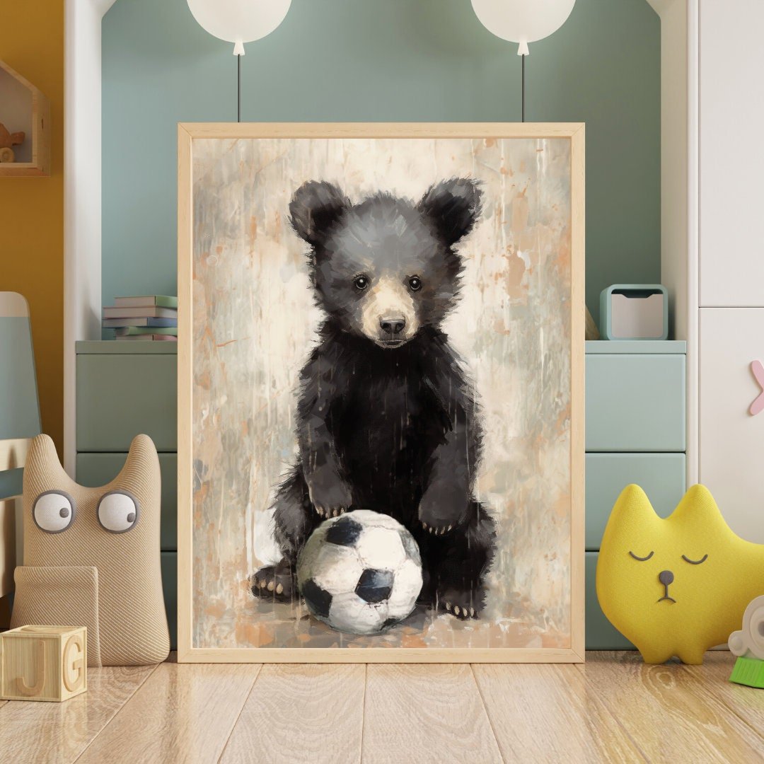 Bear Nursery Decor, Vintage Kids Room Art, Football Player Theme - WildfieldPrints