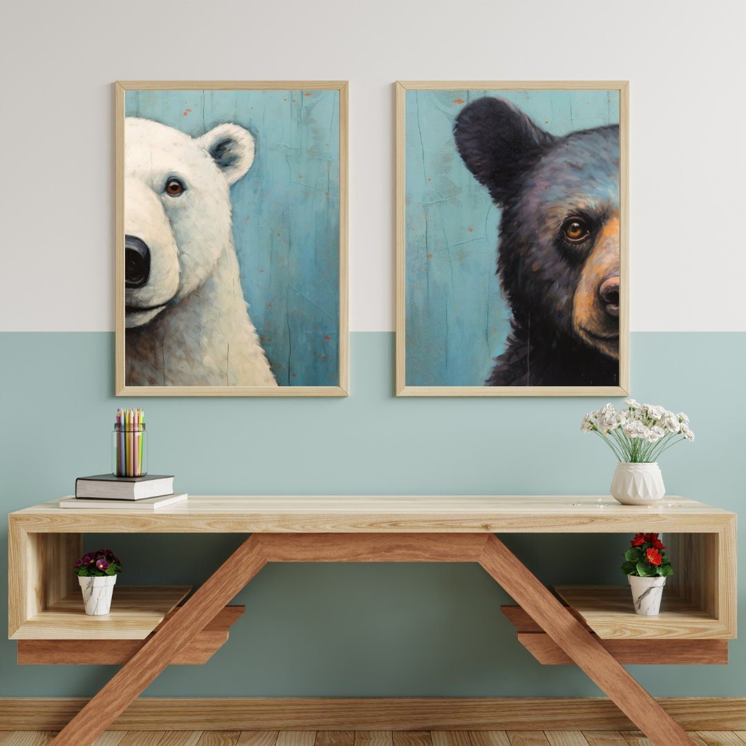 Bear Nursery Prints, Unique Vintage Wall Art for Kids, Polar & Brown Bear - WildfieldPrints