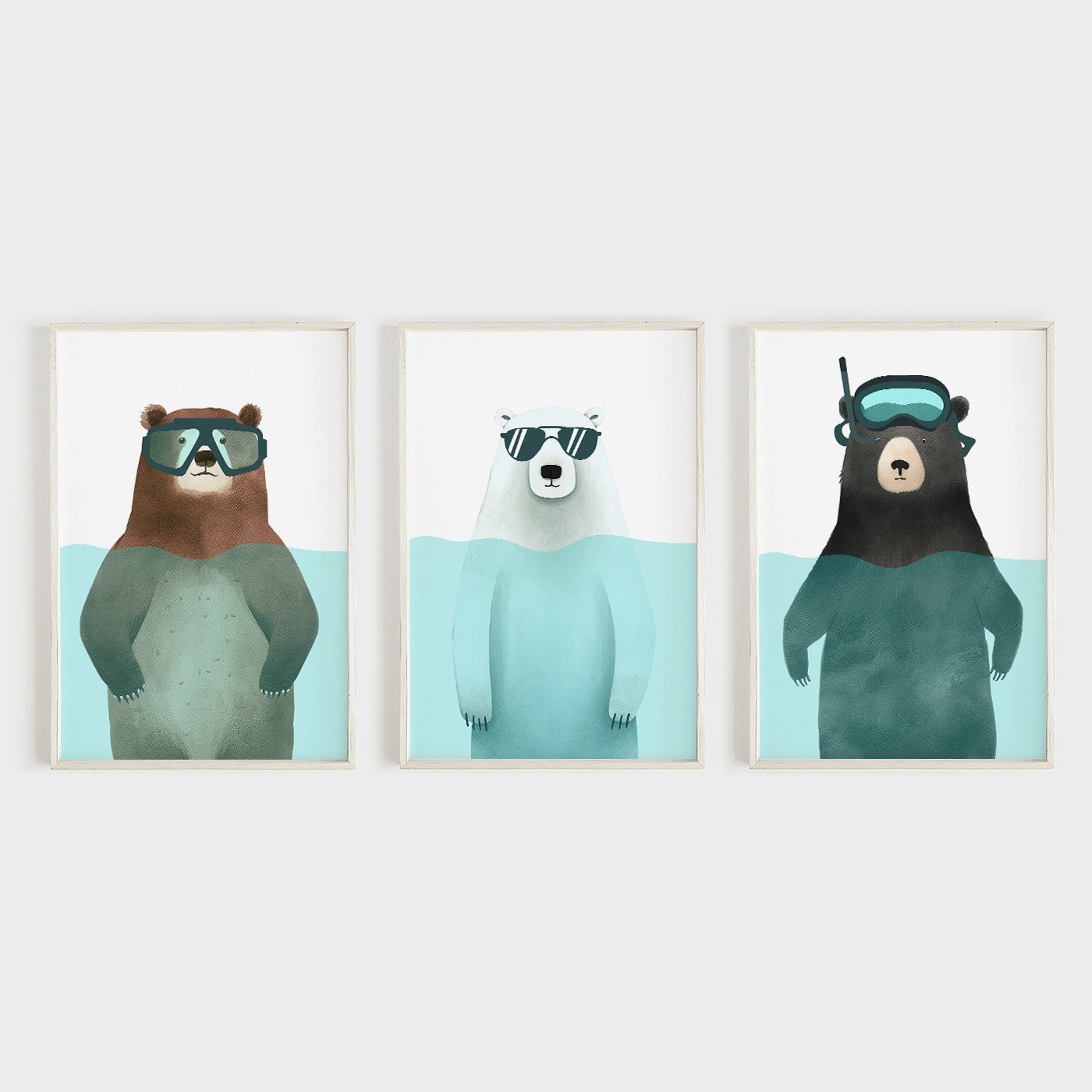 Bear Nursery Wall Art, Minimalist Watercolor Decor, Snorkeling & Sunbathing - WildfieldPrints