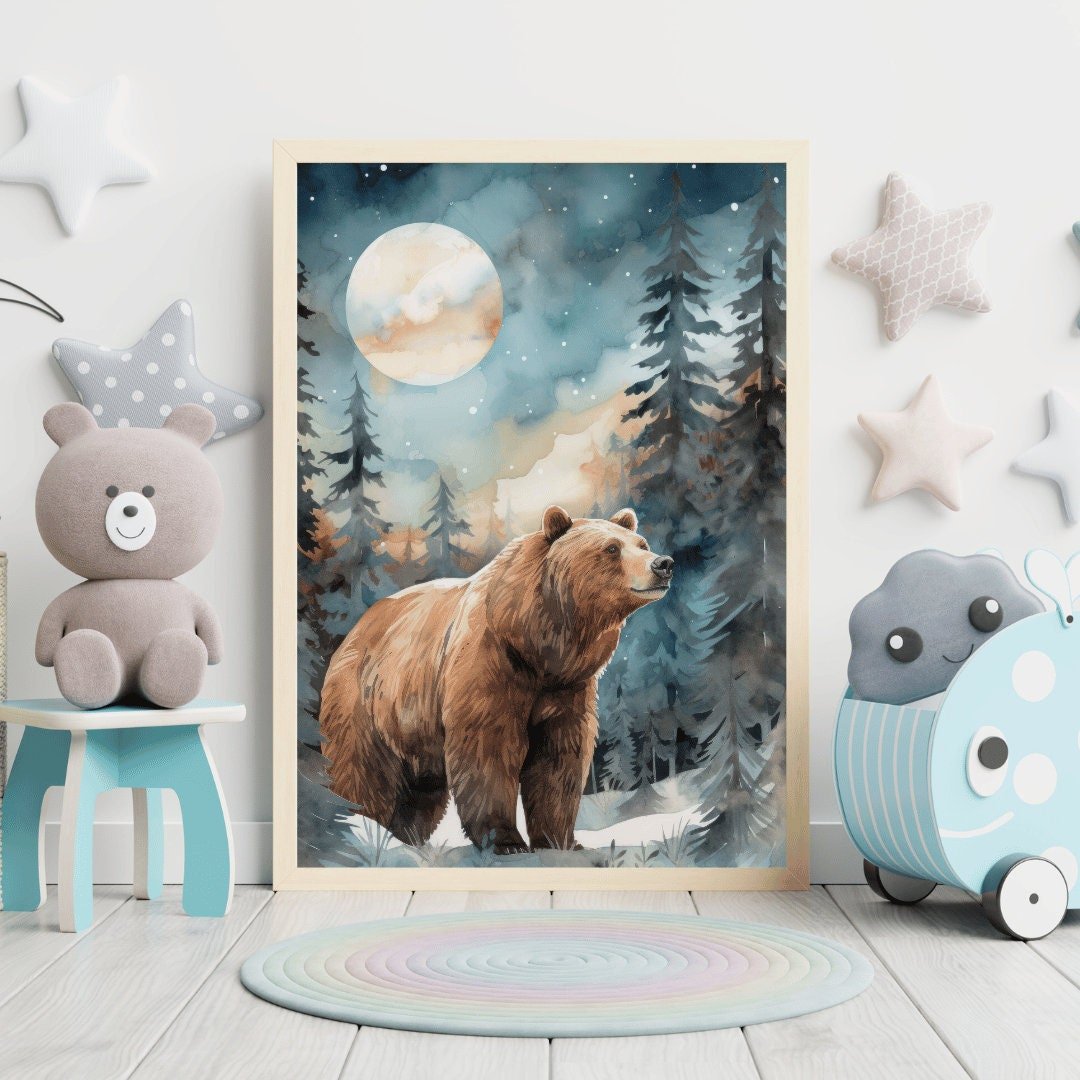Bear Nursery Wall Art, Watercolor Forest Decor for Kids Room - WildfieldPrints