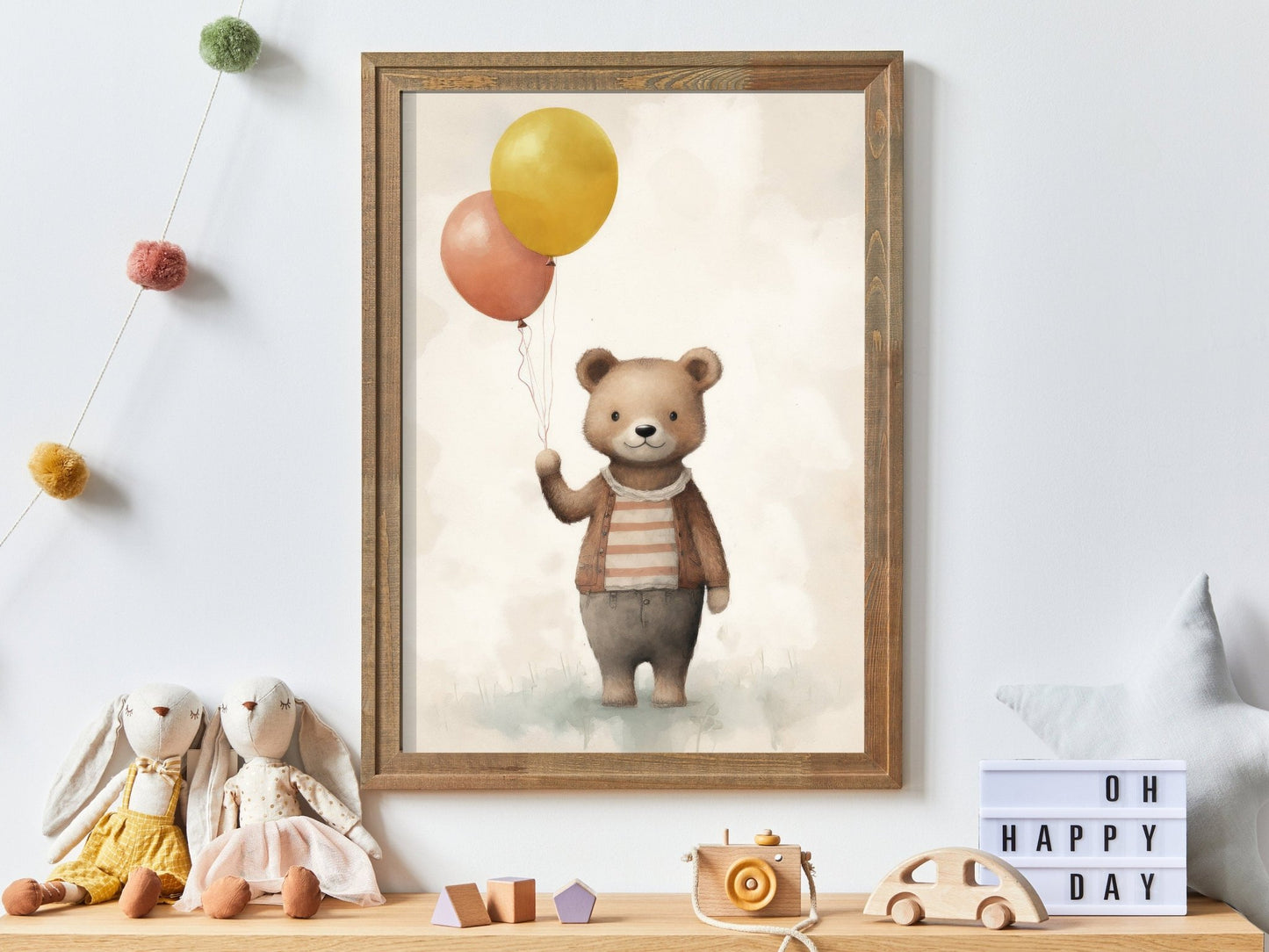 Bear with Balloons Print, Vintage Teddy Bear Nursery Decor, Animal Room Art - WildfieldPrints