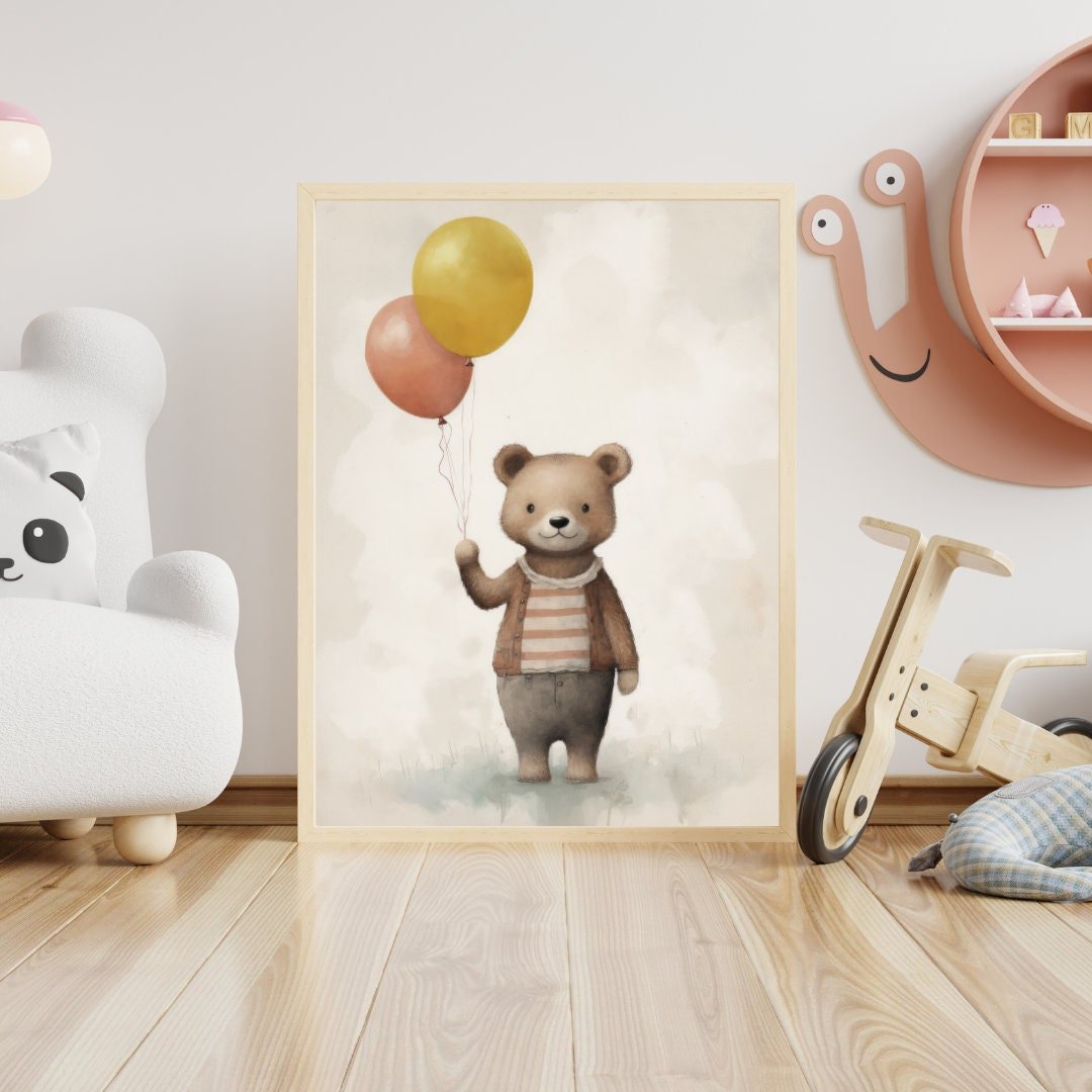 Bear with Balloons Print, Vintage Teddy Bear Nursery Decor, Animal Room Art - WildfieldPrints