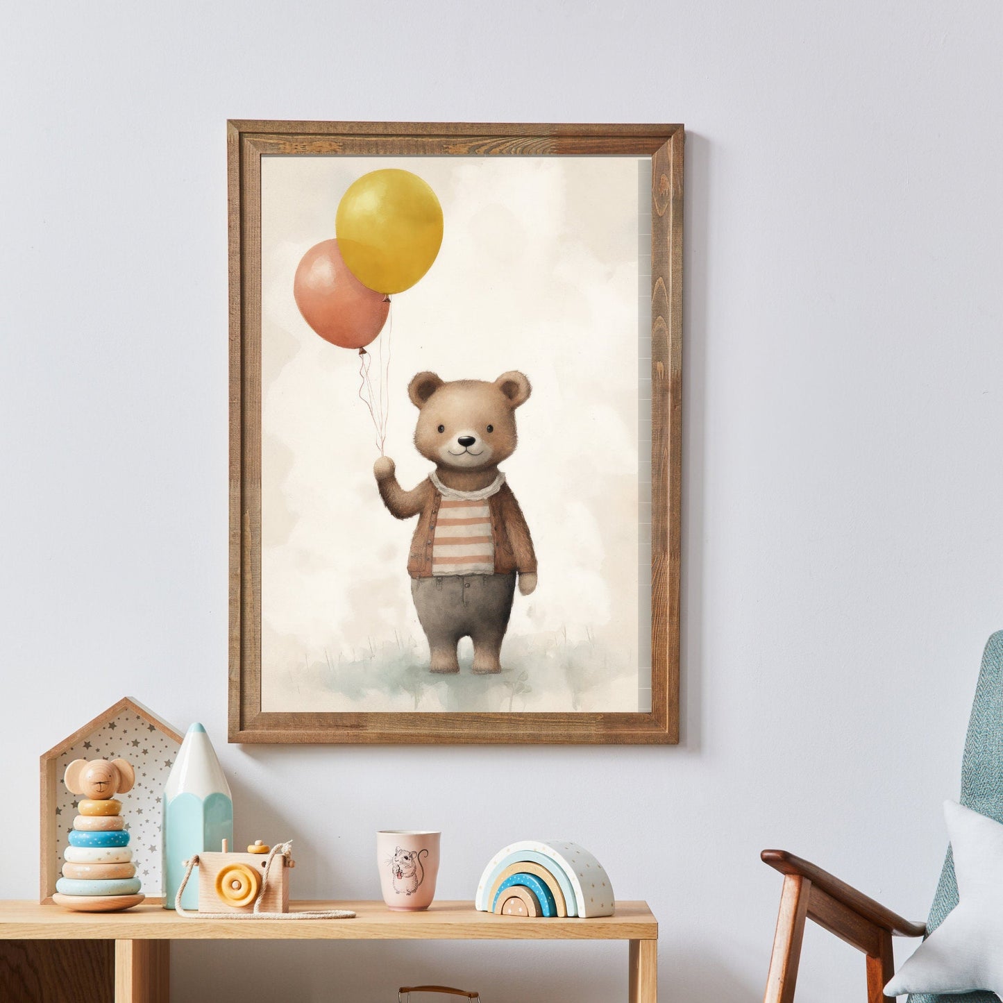 Bear with Balloons Print, Vintage Teddy Bear Nursery Decor, Animal Room Art - WildfieldPrints
