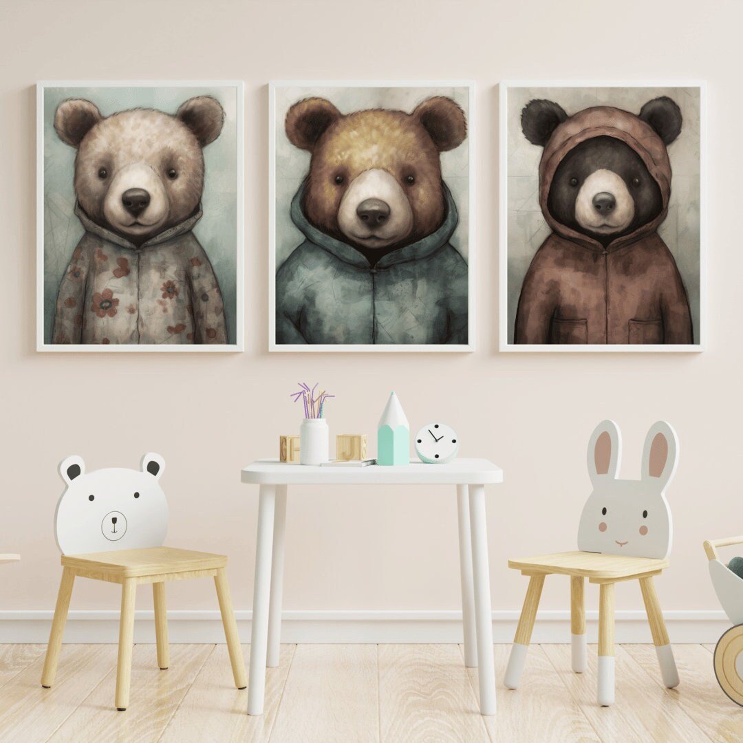 Bears Wearing Clothes, Woodland Nursery Wall Art, Vintage Room Decor - WildfieldPrints