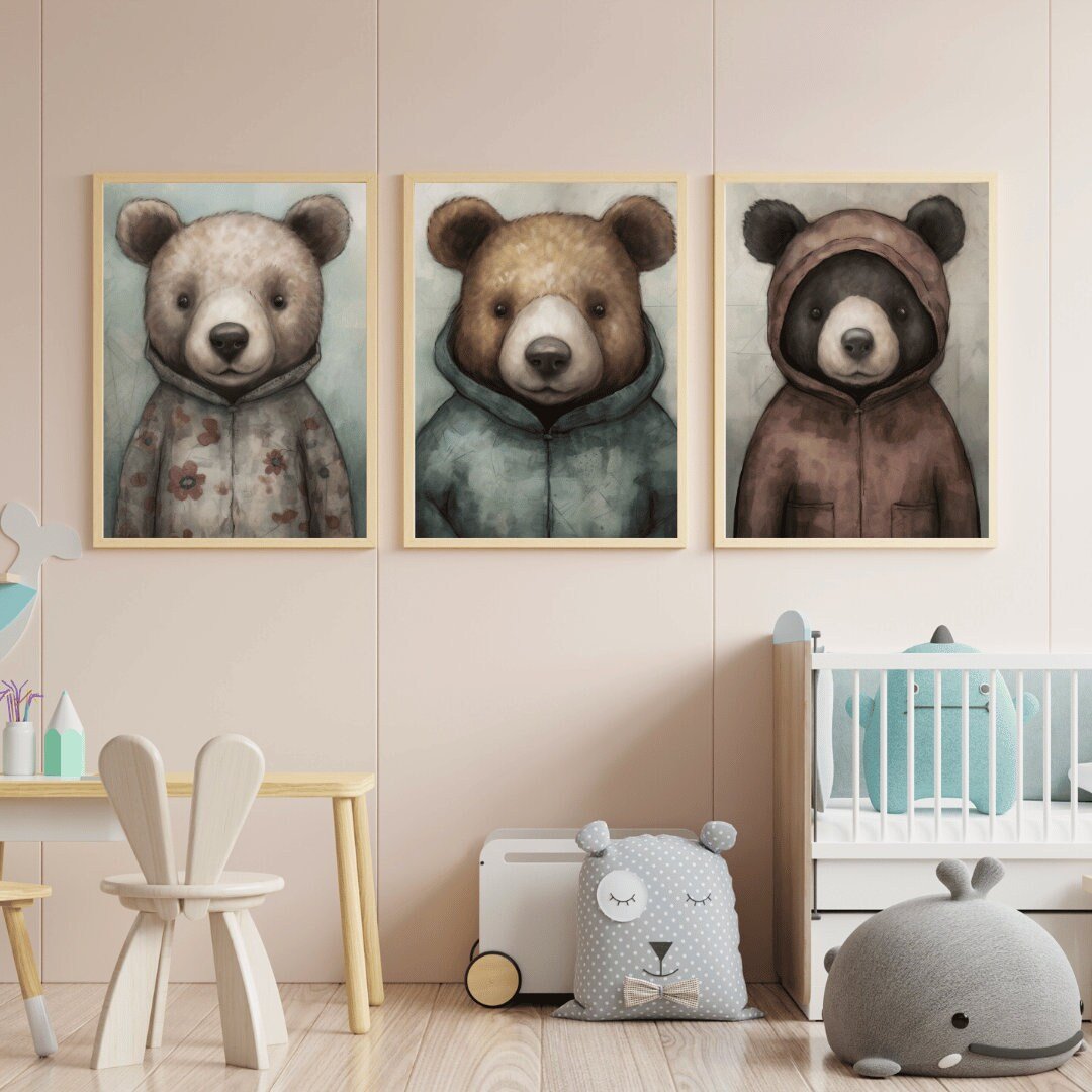 Bears Wearing Clothes, Woodland Nursery Wall Art, Vintage Room Decor - WildfieldPrints