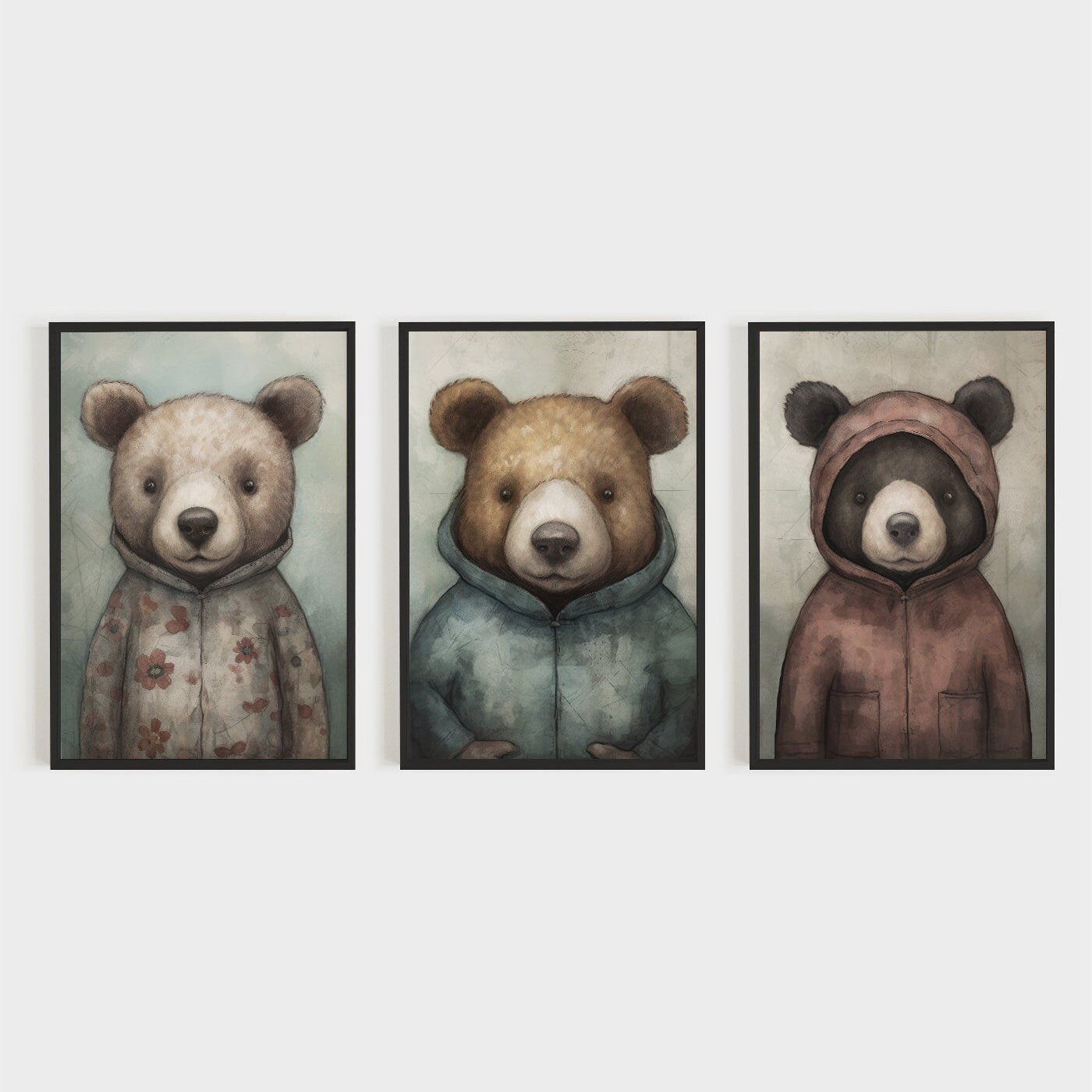 Bears Wearing Clothes, Woodland Nursery Wall Art, Vintage Room Decor - WildfieldPrints