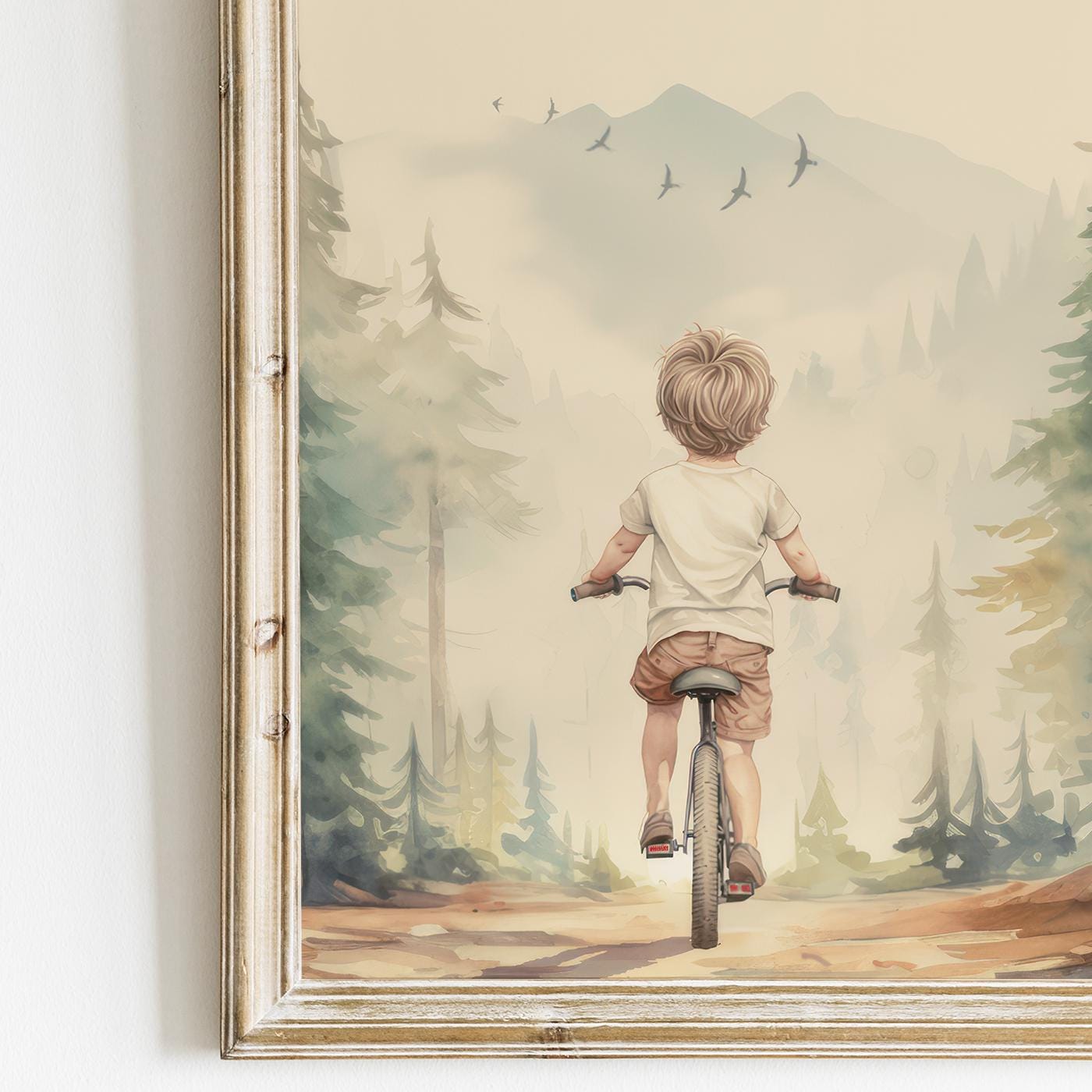 Biking Wall Art, Boy on Bicycle Decor, Adventure Forest Print - WildfieldPrints