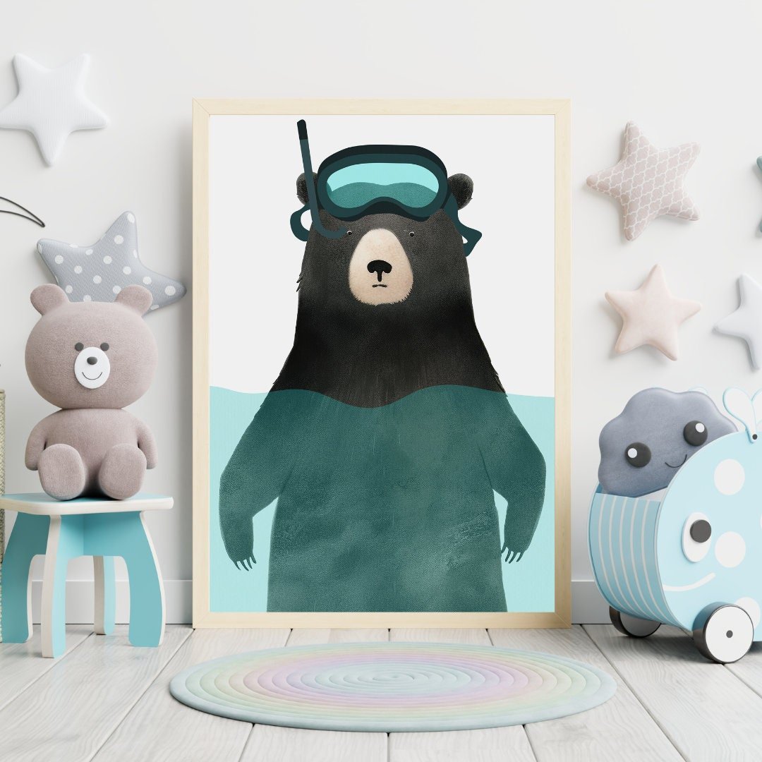 Black Bear Nursery Decor, Woodland Animal Print, Kids Room Wall Art - WildfieldPrints
