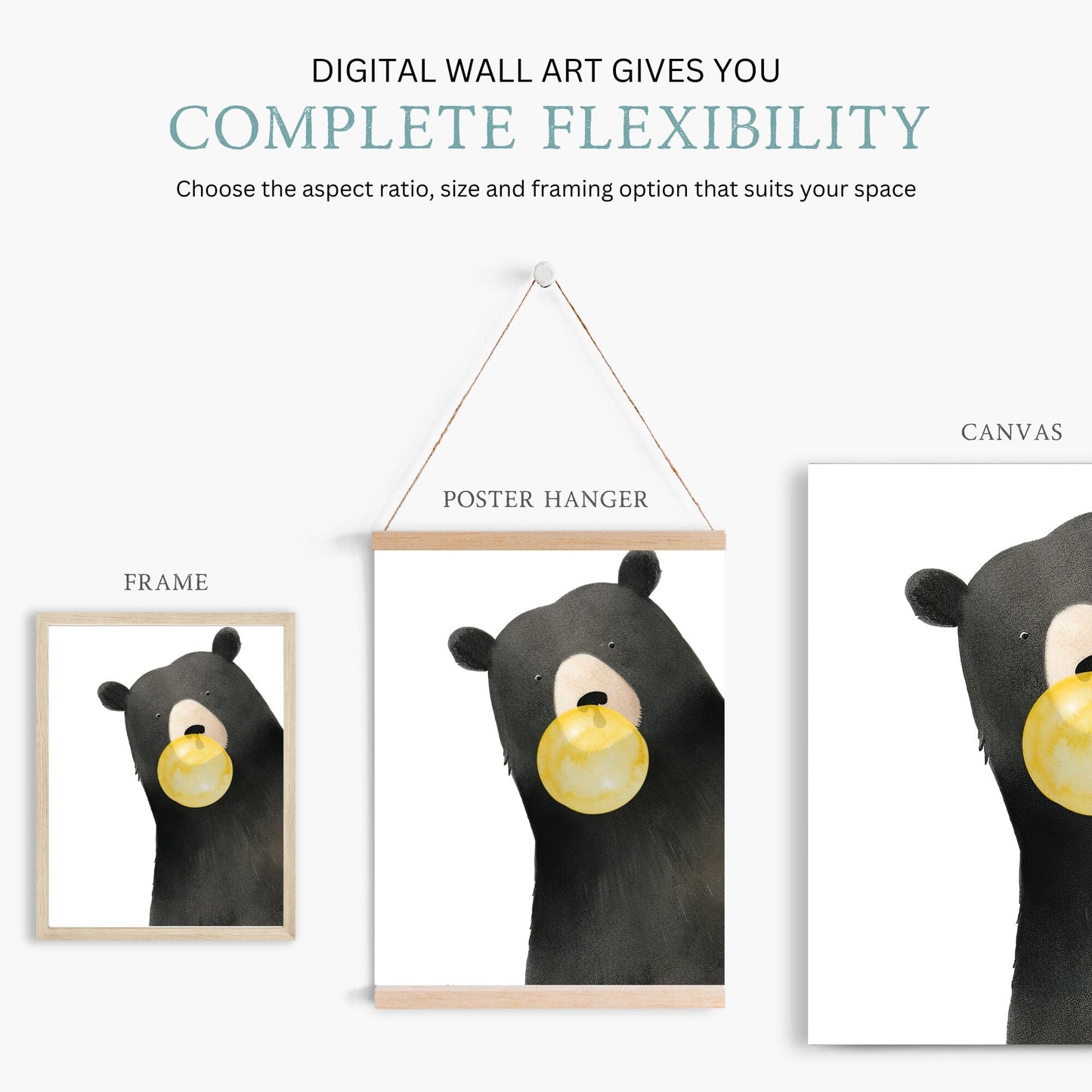 Black Bear Nursery Print, Bubblegum Animals Wall Decor, Minimalist Style - WildfieldPrints