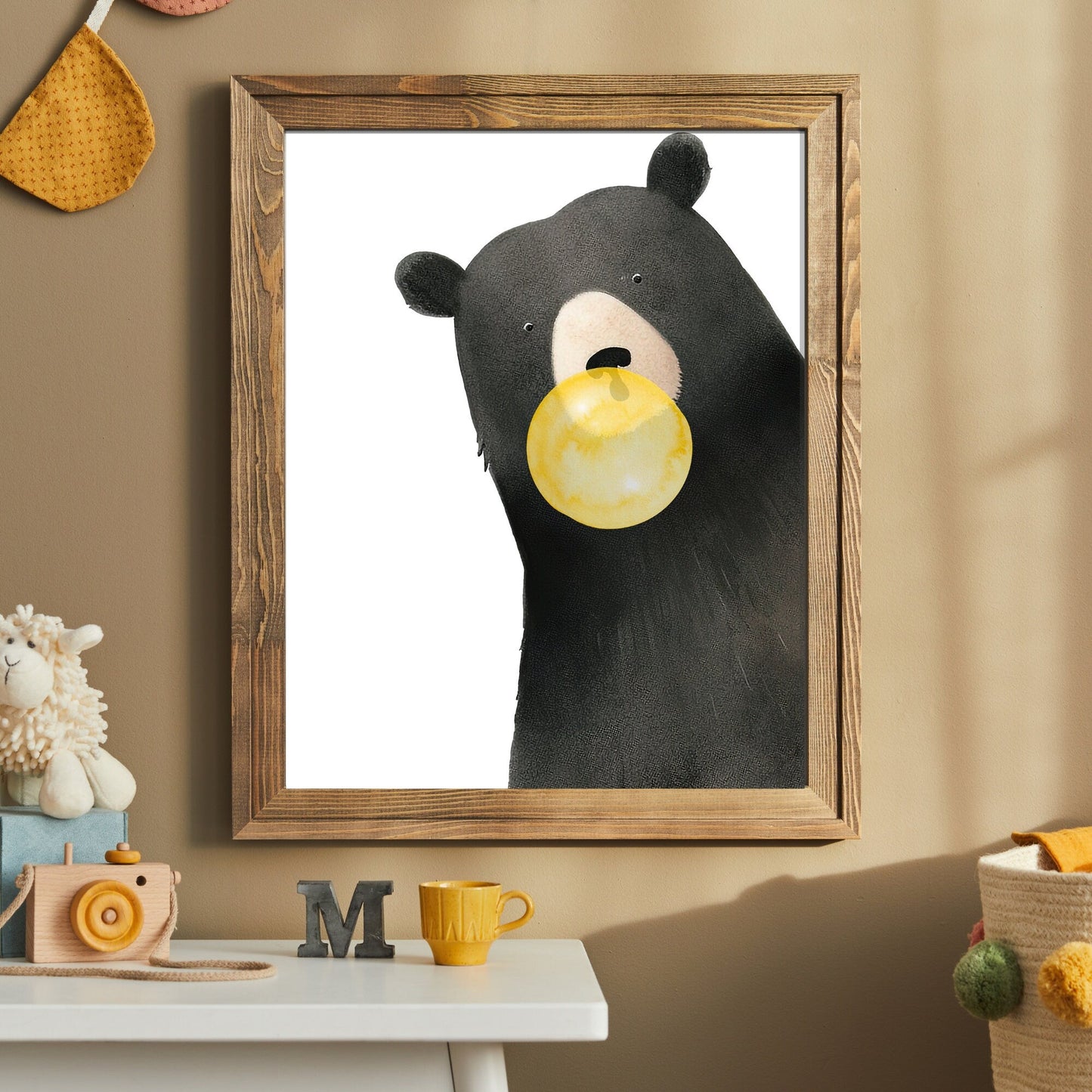 Black Bear Nursery Print, Bubblegum Animals Wall Decor, Minimalist Style - WildfieldPrints