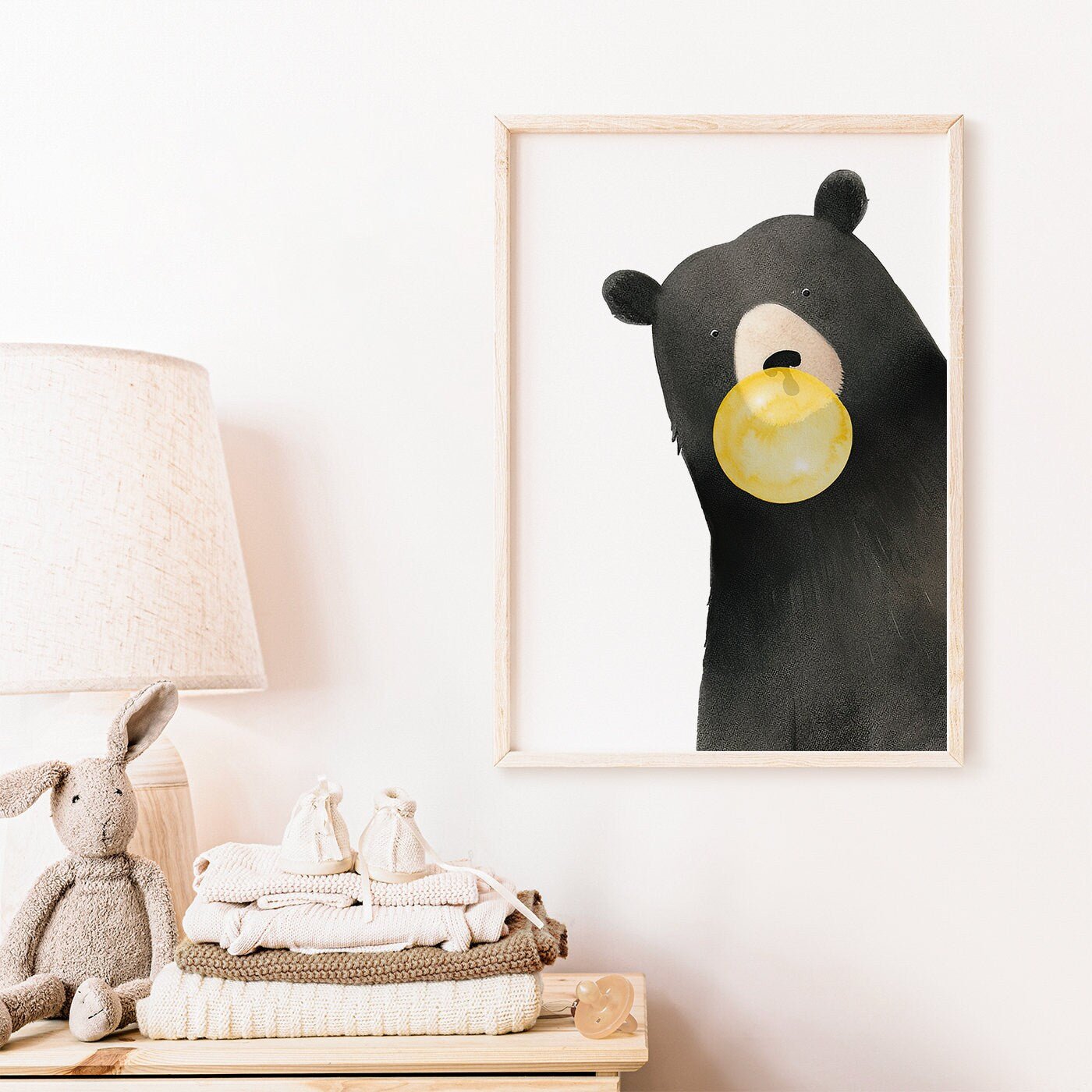 Black Bear Nursery Print, Bubblegum Animals Wall Decor, Minimalist Style - WildfieldPrints