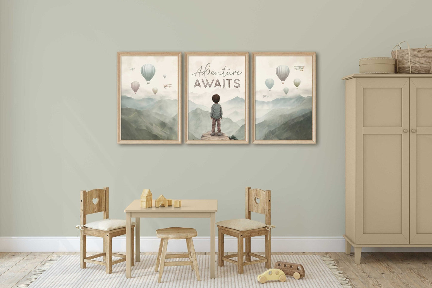 Black Boy Adventure Wall Art, Hot Air Balloon Decor, Kids Room Prints - WildfieldPrints
