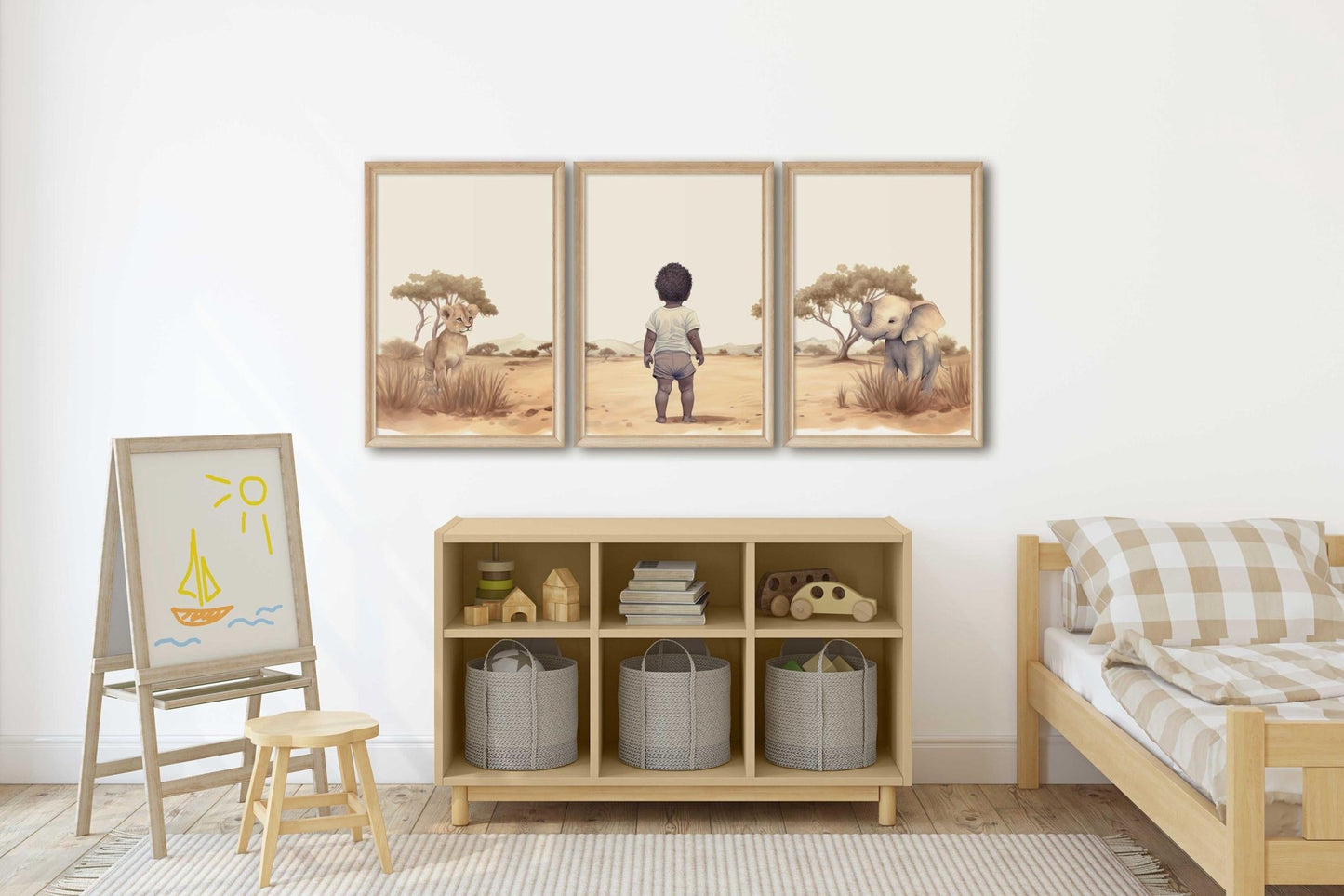 Black Boy Art, Safari Animal Nursery, African - American Boy Art, Elephant & Lion Nursery Art, Mixed Race Art, Set of 3, Printable Safari Art - My Store