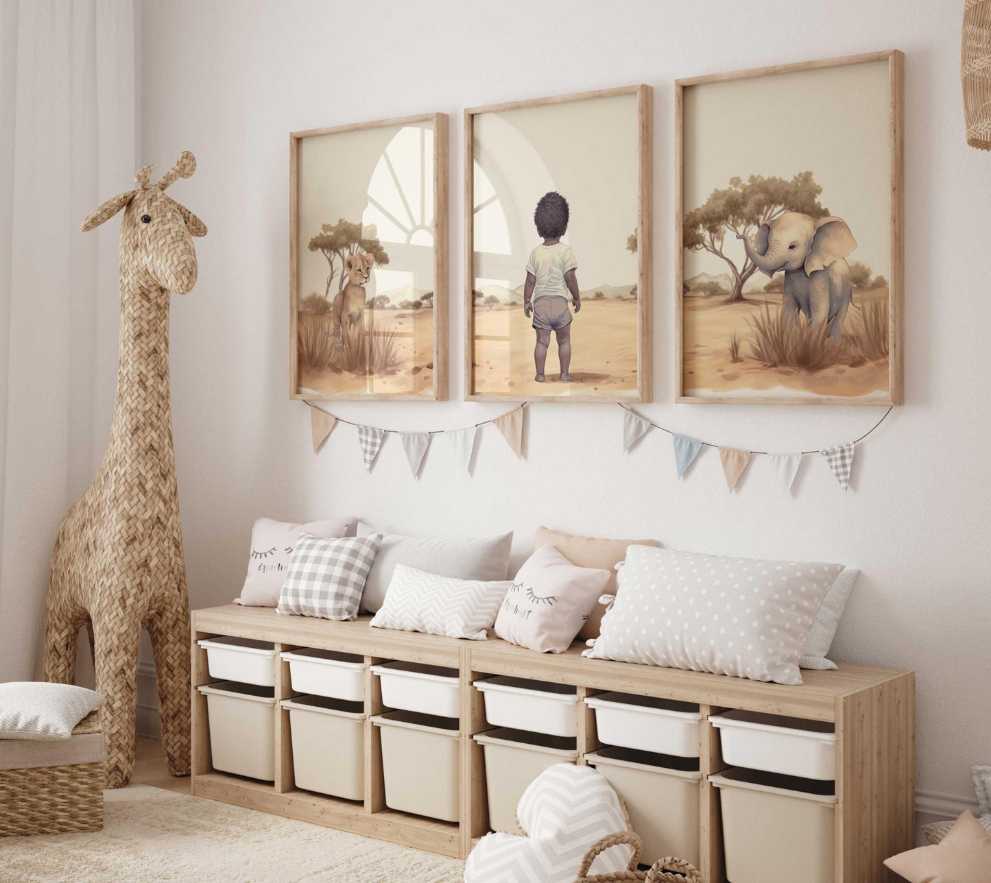 Black Boy Art, Safari Animal Nursery, African - American Boy Art, Elephant & Lion Nursery Art, Mixed Race Art, Set of 3, Printable Safari Art - My Store