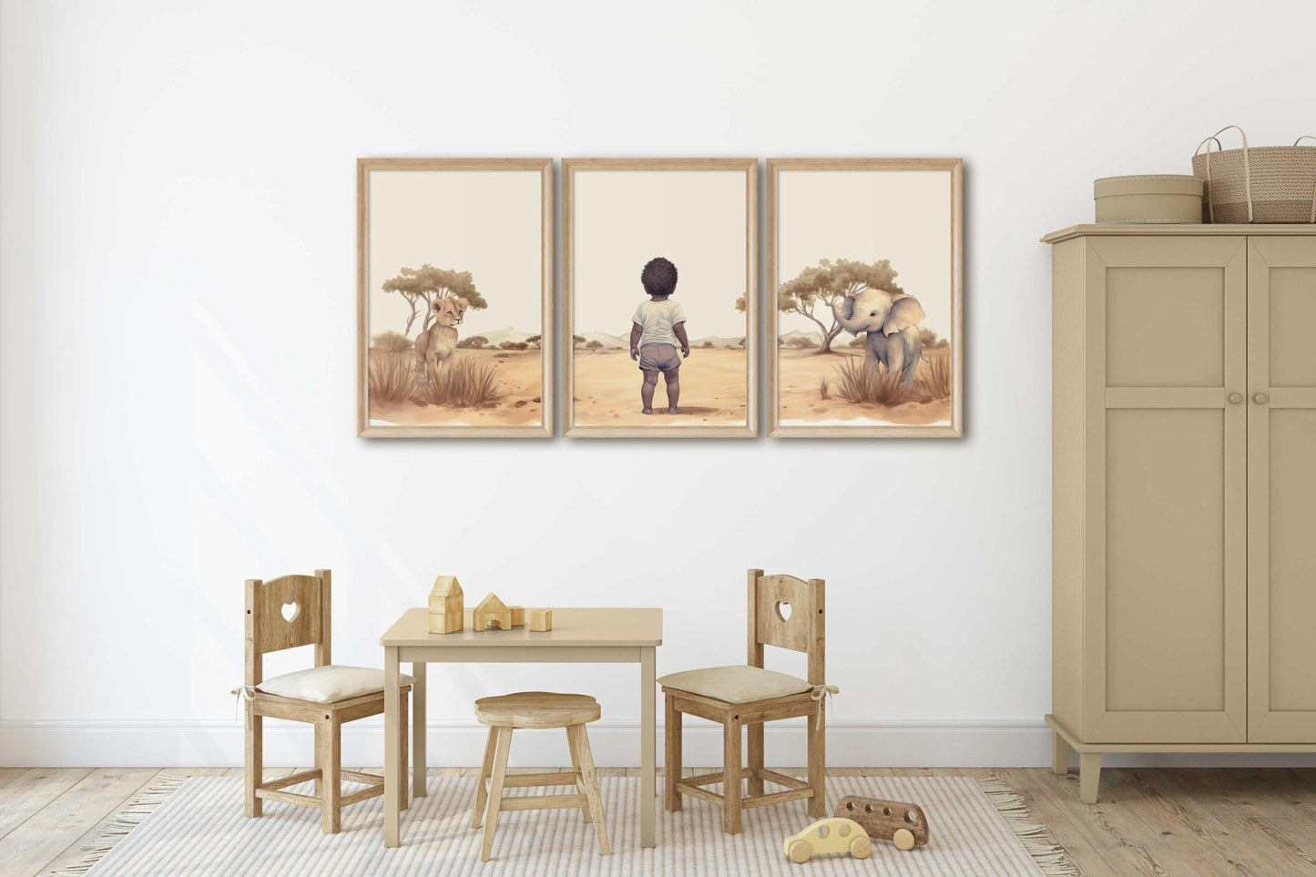 Black Boy Art, Safari Animal Nursery, African - American Boy Art, Elephant & Lion Nursery Art, Mixed Race Art, Set of 3, Printable Safari Art - My Store
