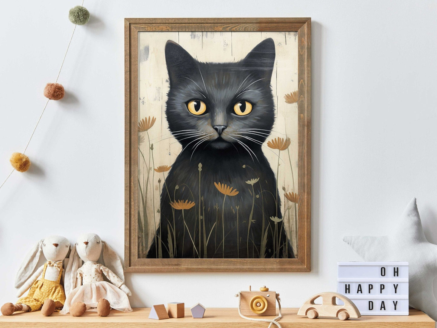 Black Cat Art Print, Whimsical Kitten Wall Decor, Vintage Animal Artwork - WildfieldPrints