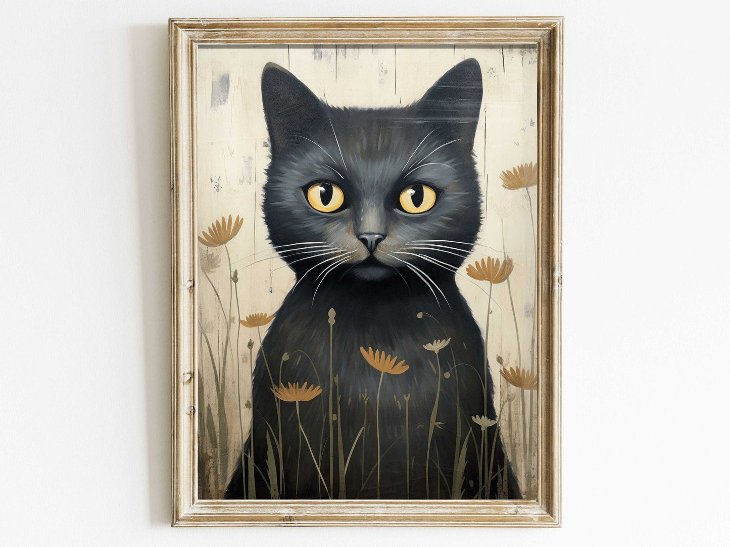 Black Cat Art Print, Whimsical Kitten Wall Decor, Vintage Animal Artwork - WildfieldPrints
