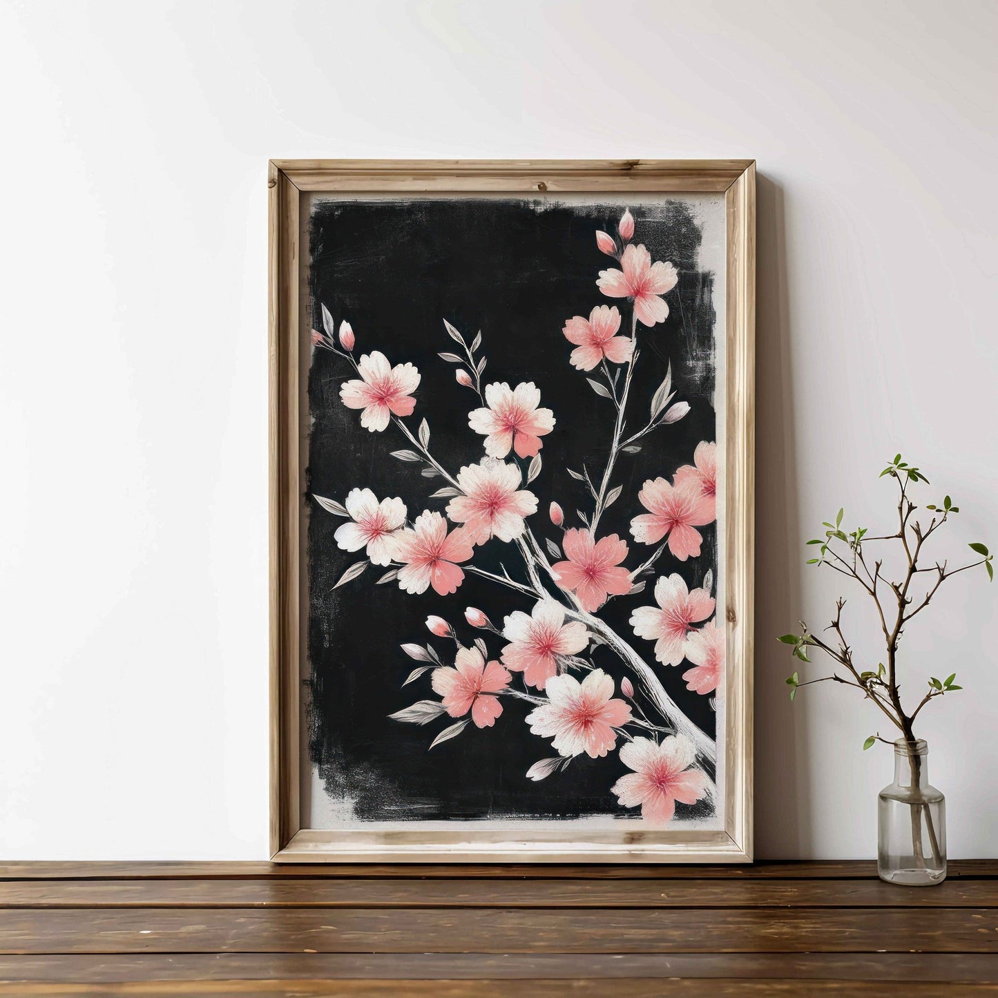 Black Floral Art, Cherry Tree Branch Print, Pink Flower Decor - WildfieldPrints
