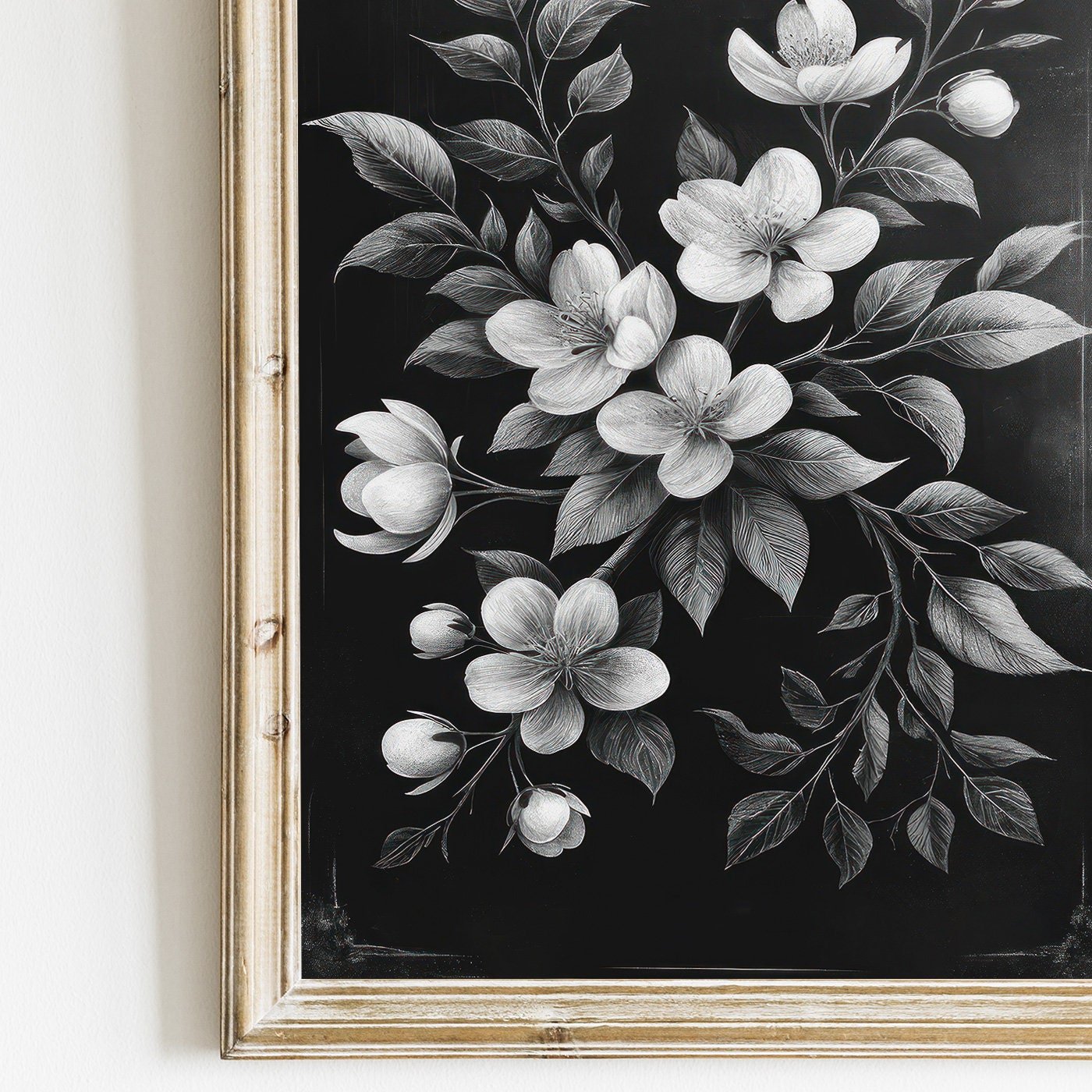 Black Floral Prints, Vintage Farmhouse Decor, Black & White Wall Art - WildfieldPrints