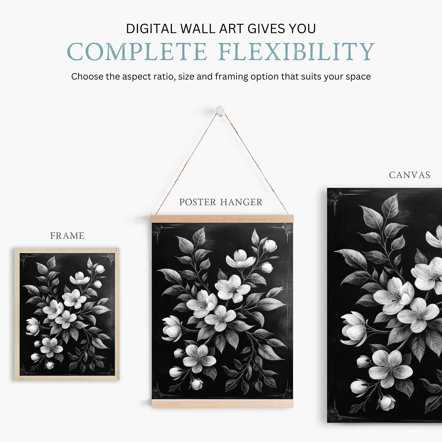 Black Floral Prints, Vintage Farmhouse Decor, Black & White Wall Art - WildfieldPrints
