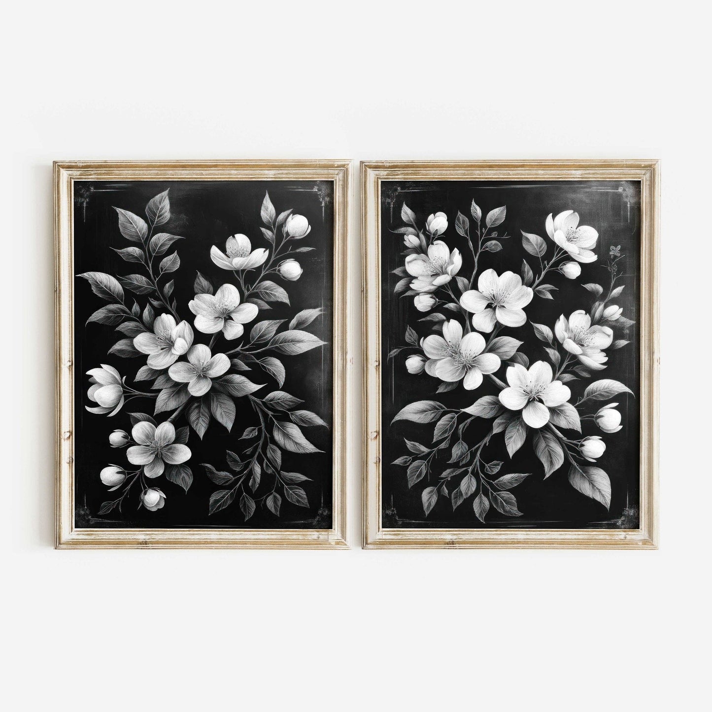 Black Floral Prints, Vintage Farmhouse Decor, Black & White Wall Art - WildfieldPrints