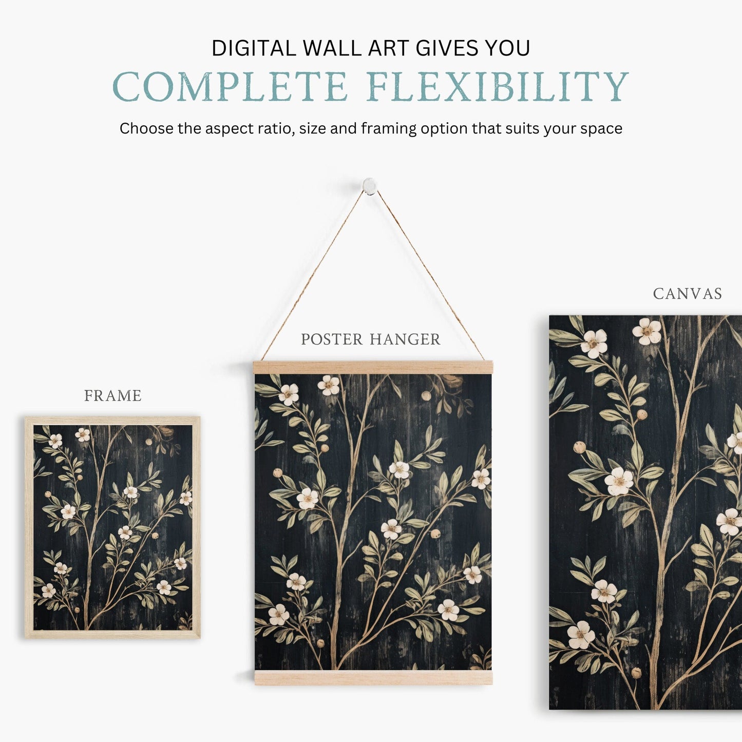 Black Floral Prints, Vintage Farmhouse Wall Art, Elegant Flower Decor - WildfieldPrints