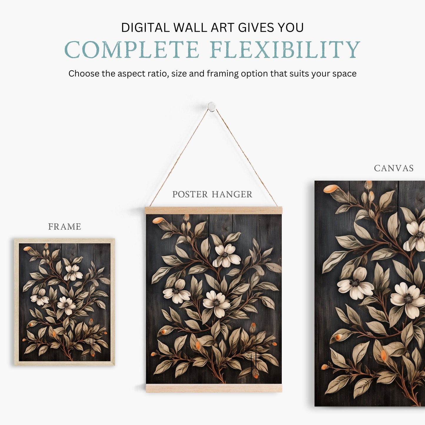 Black Floral Prints, Vintage Flower Wall Art, Country Home Decor - WildfieldPrints
