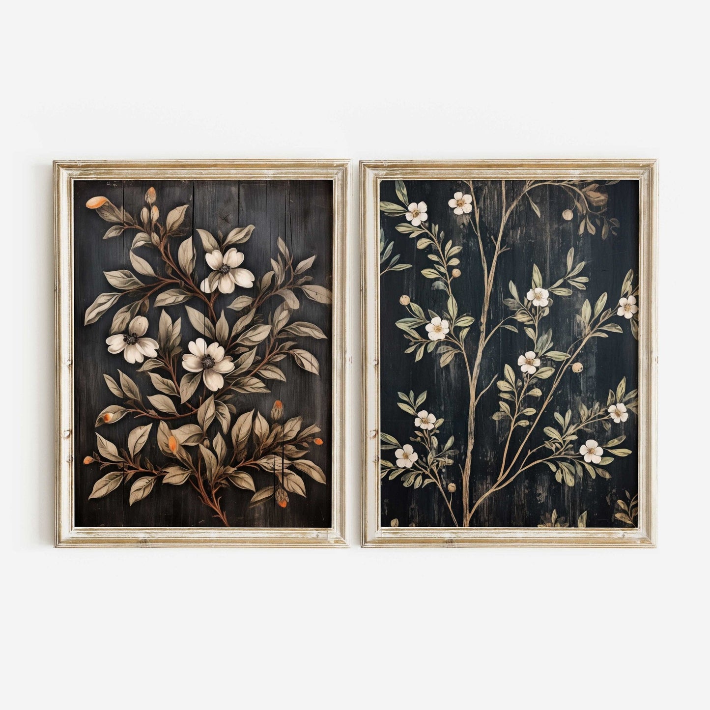 Black Floral Prints, Vintage Flower Wall Art, Country Home Decor - WildfieldPrints