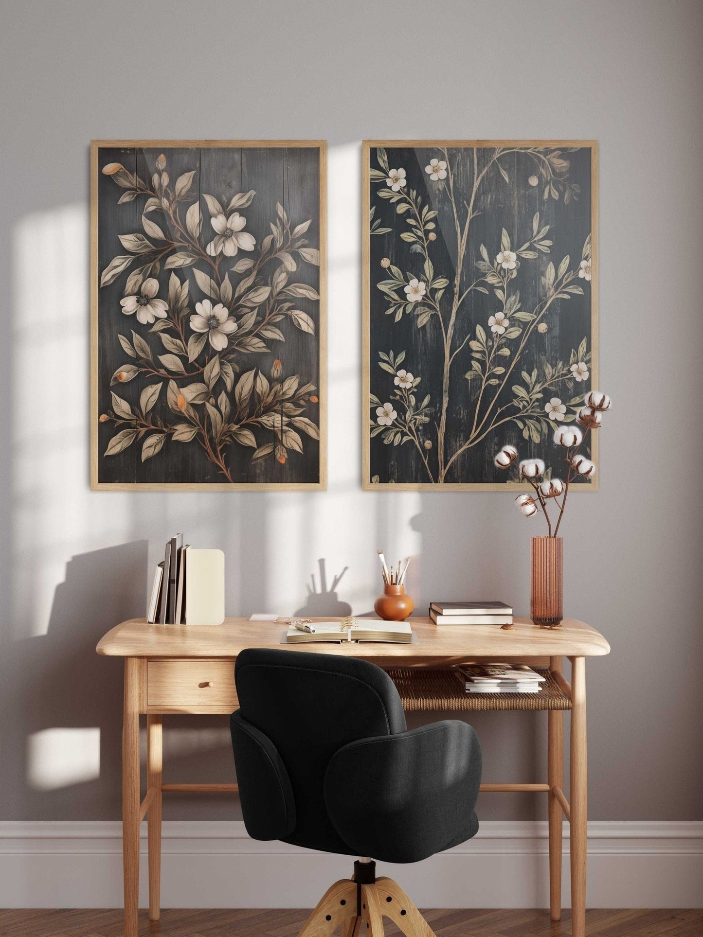 Black Floral Prints, Vintage Flower Wall Art, Country Home Decor - WildfieldPrints