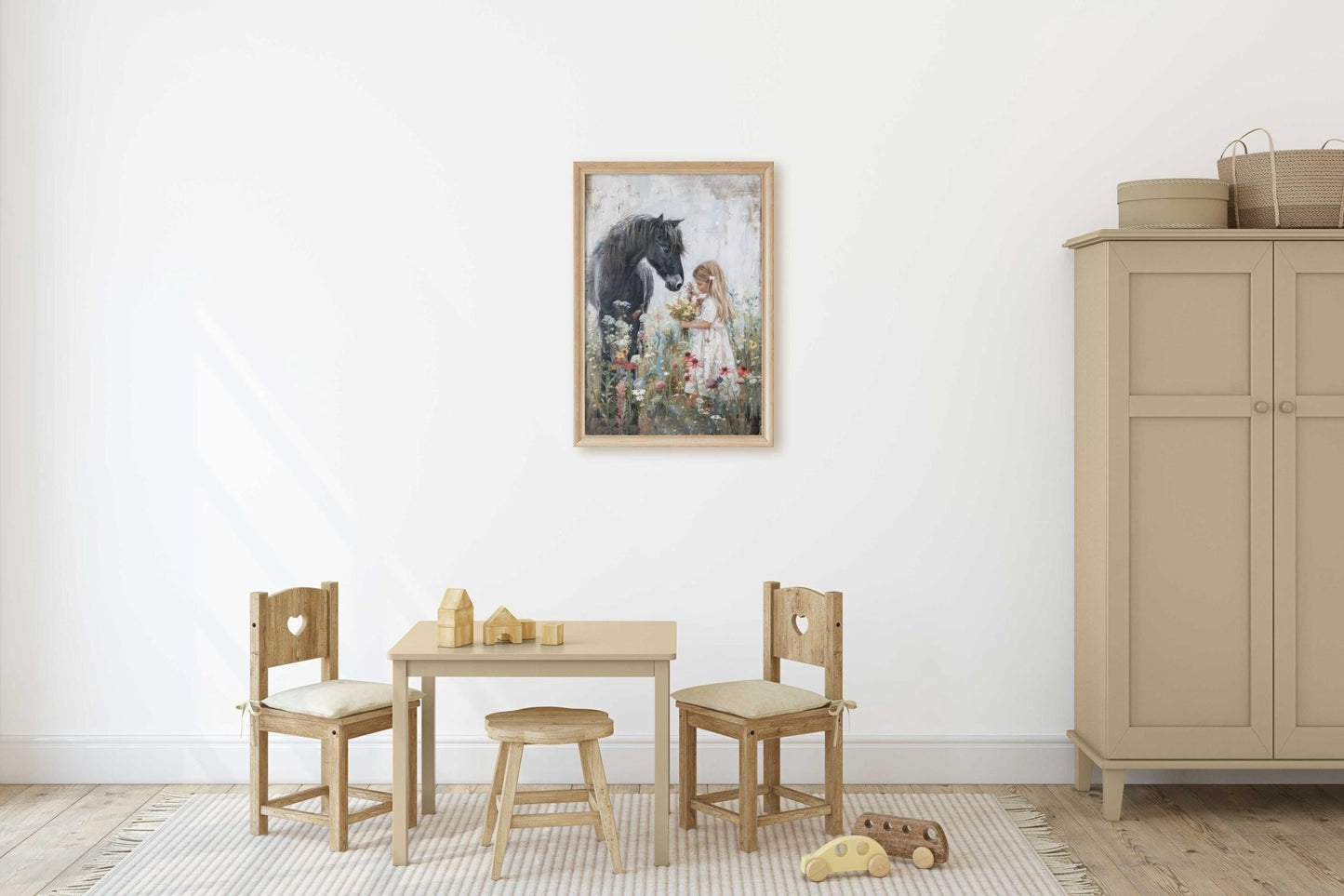 Black Horse Art, Horse Nursery Decor, Little Girl & Horse Wall Art - WildfieldPrints