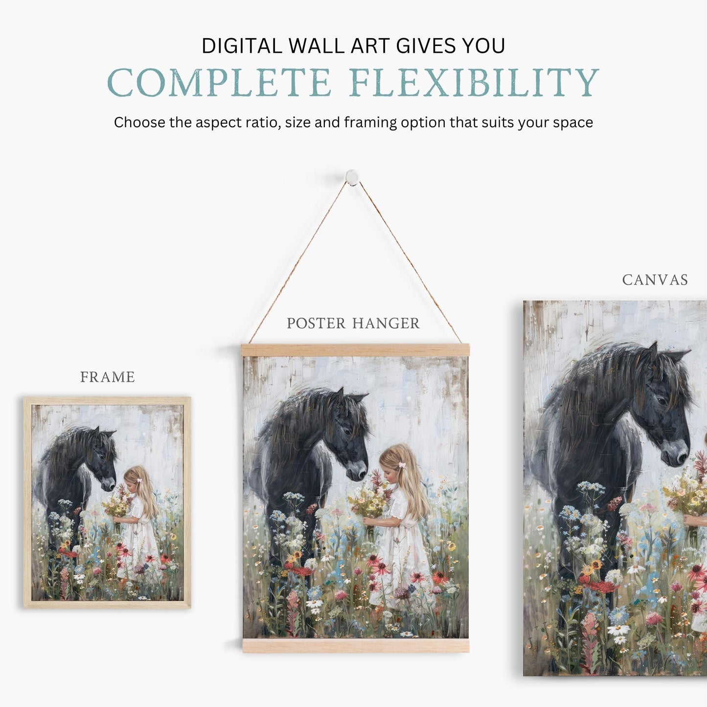 Black Horse Art, Horse Nursery Decor, Little Girl & Horse Wall Art - WildfieldPrints