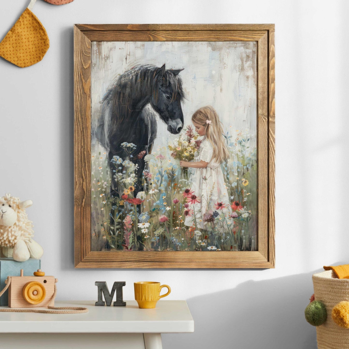 Black Horse Art, Horse Nursery Decor, Little Girl & Horse Wall Art - WildfieldPrints