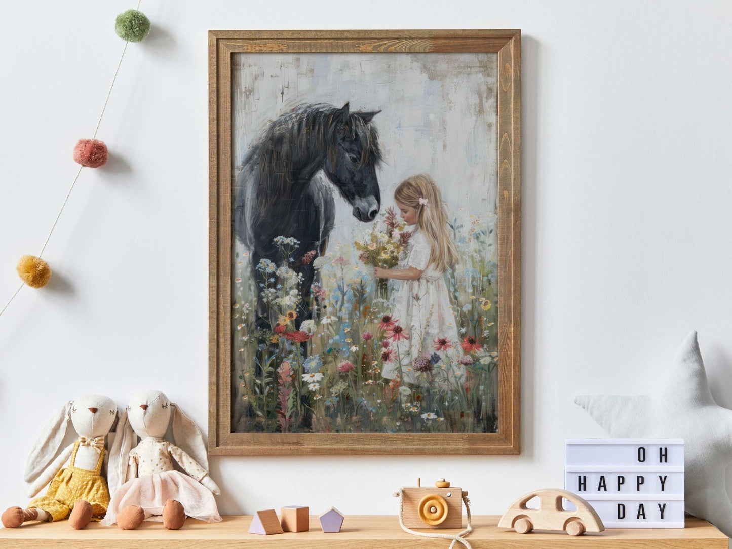 Black Horse Art, Horse Nursery Decor, Little Girl & Horse Wall Art - WildfieldPrints