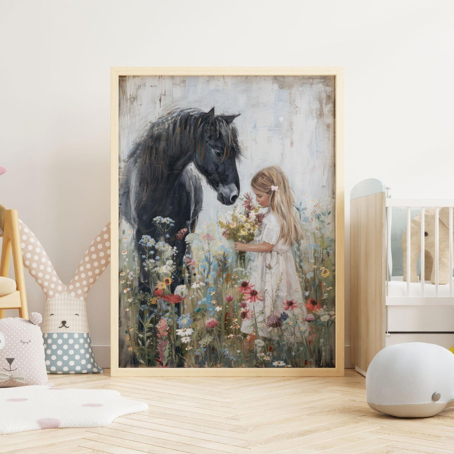 Black Horse Art, Horse Nursery Decor, Little Girl & Horse Wall Art - WildfieldPrints