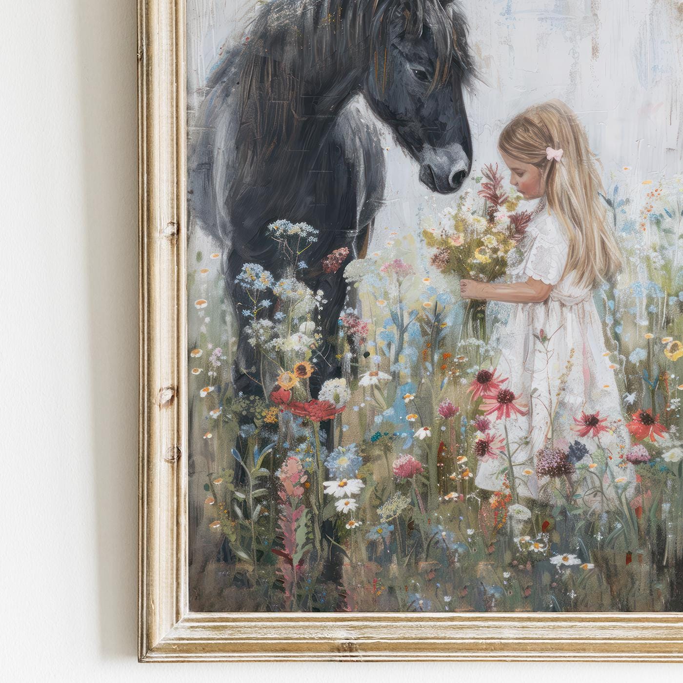 Black Horse Art, Horse Nursery Decor, Little Girl & Horse Wall Art - WildfieldPrints