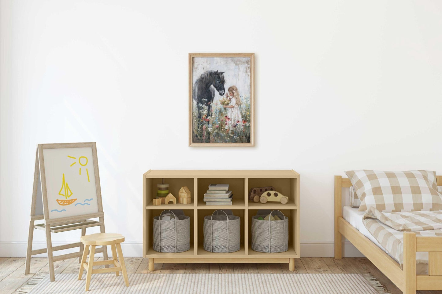 Black Horse Art, Horse Nursery Decor, Little Girl & Horse Wall Art - WildfieldPrints