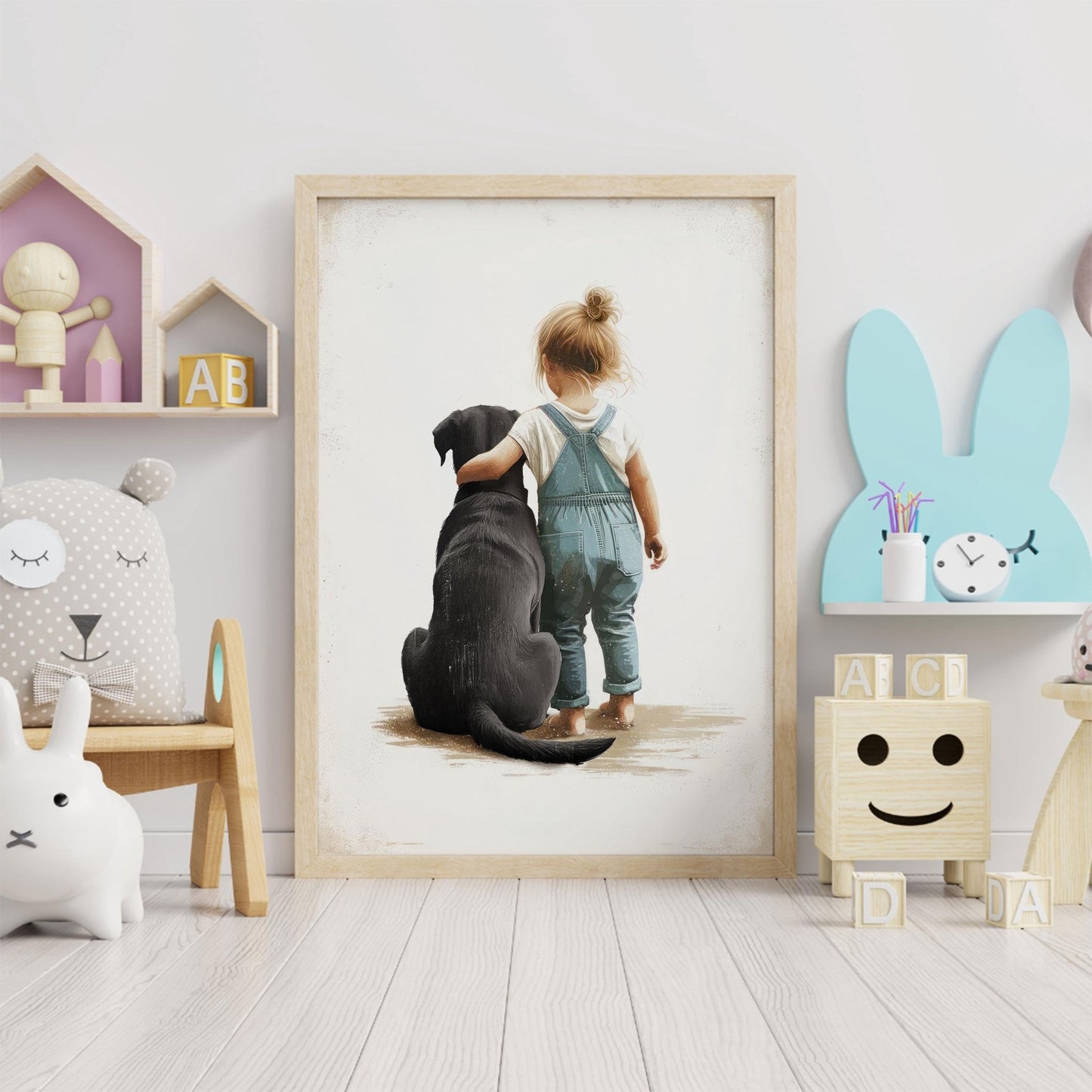 Black Lab Nursery Decor, Girl & Labrador Portrait, Dog Wall Art - WildfieldPrints