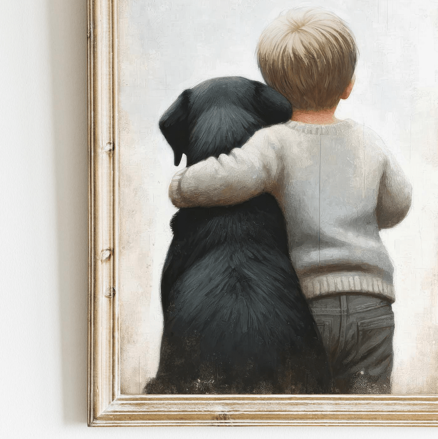 Black Labrador Nursery Decor, Boy & Dog Painting, Puppy Wall Art - WildfieldPrints