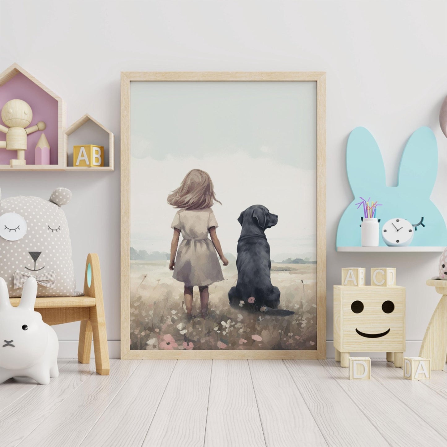 Black Labrador Nursery Decor, Girl & Dog Wall Art, Kids Room Accent - WildfieldPrints