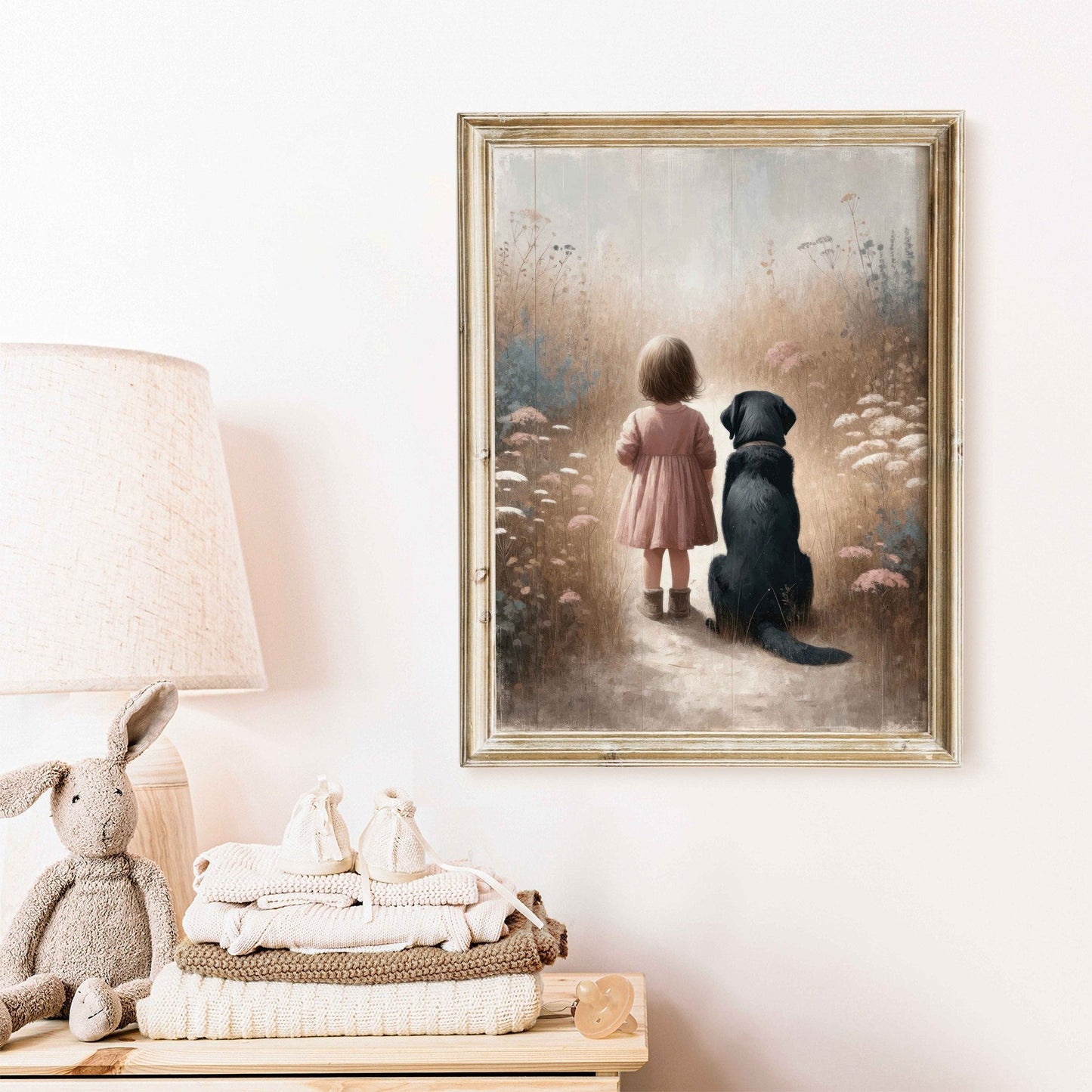 Black Labrador Retriever Nursery Decor, Girl & Dog Art Print, Dog Wall Art - WildfieldPrints