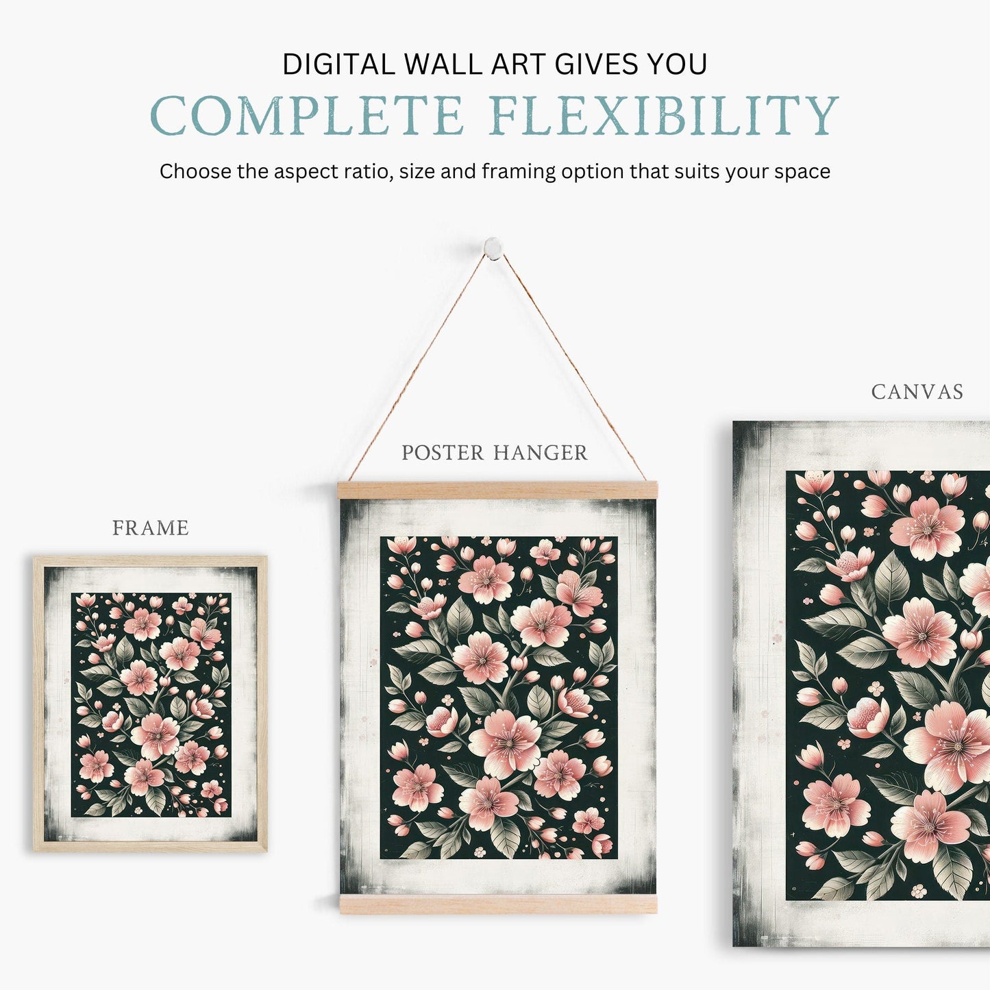 Black & Pink Floral Prints, Farmhouse Decor, Dark Wall Decor - WildfieldPrints