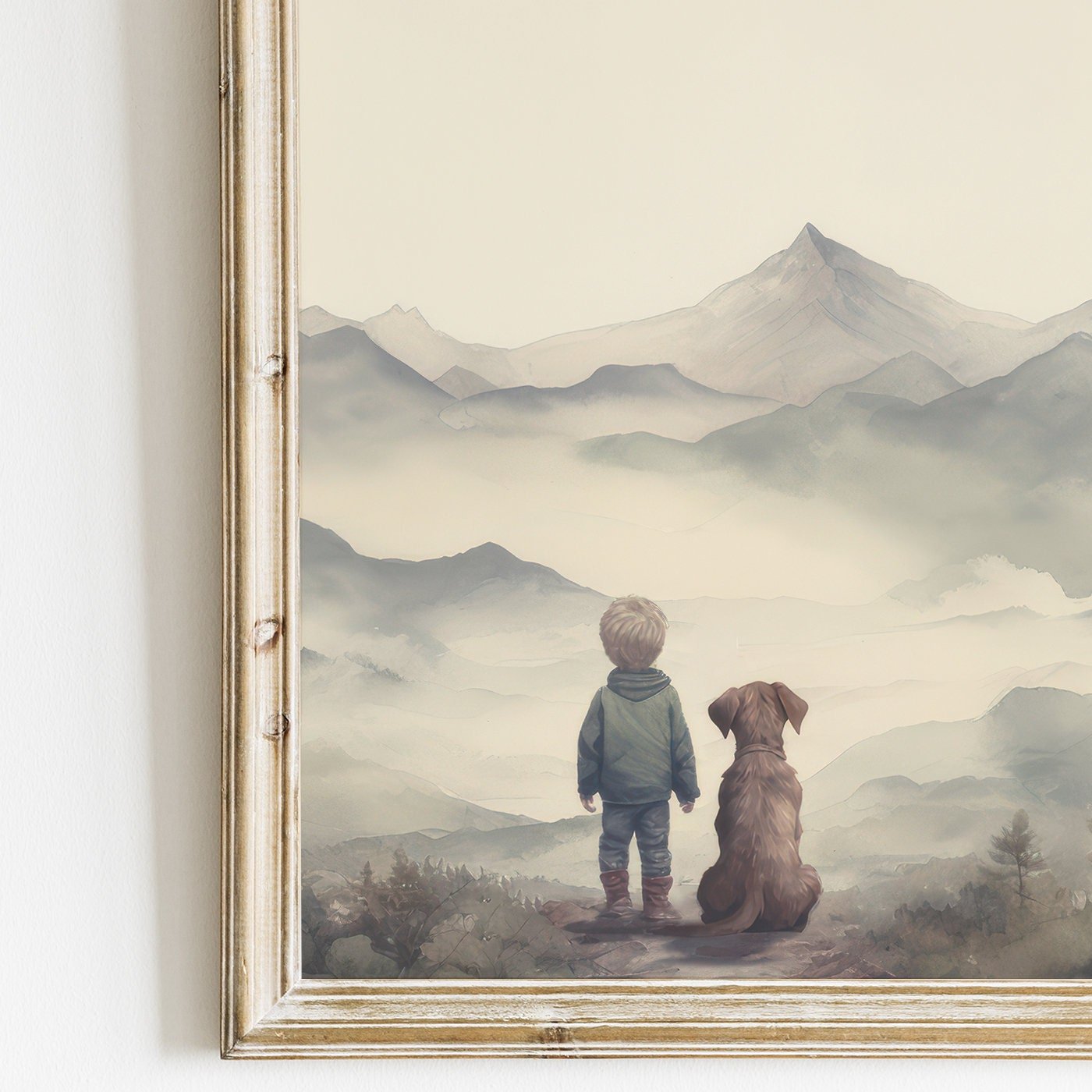 Blonde Boy and Brown Labrador Dog Adventure Triptych Wall Decor - Vintage Nursery - WildfieldPrints