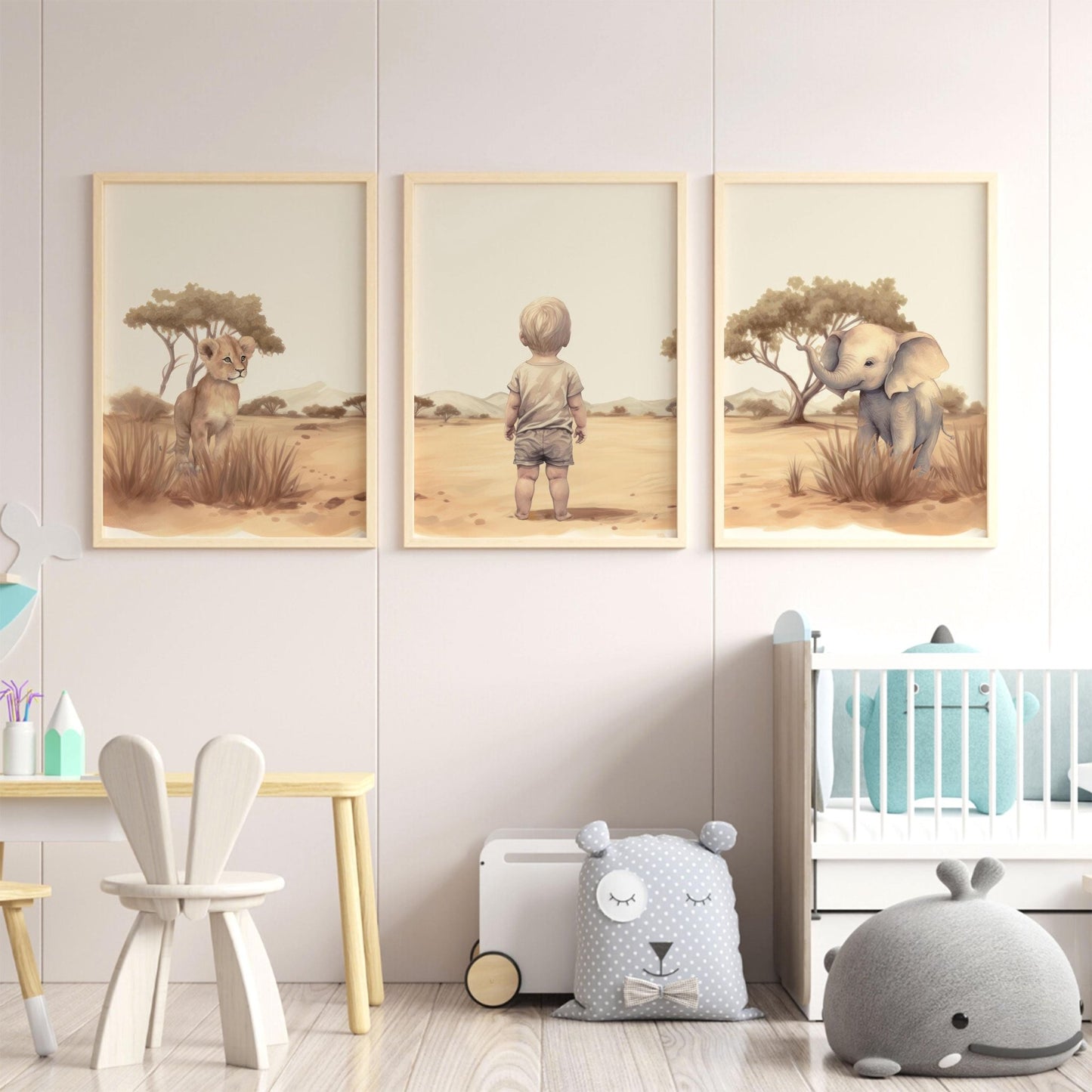 Blonde Boy in African Savanna Wall Art | Toddler Room with Lion & Elephant Decor - WildfieldPrints